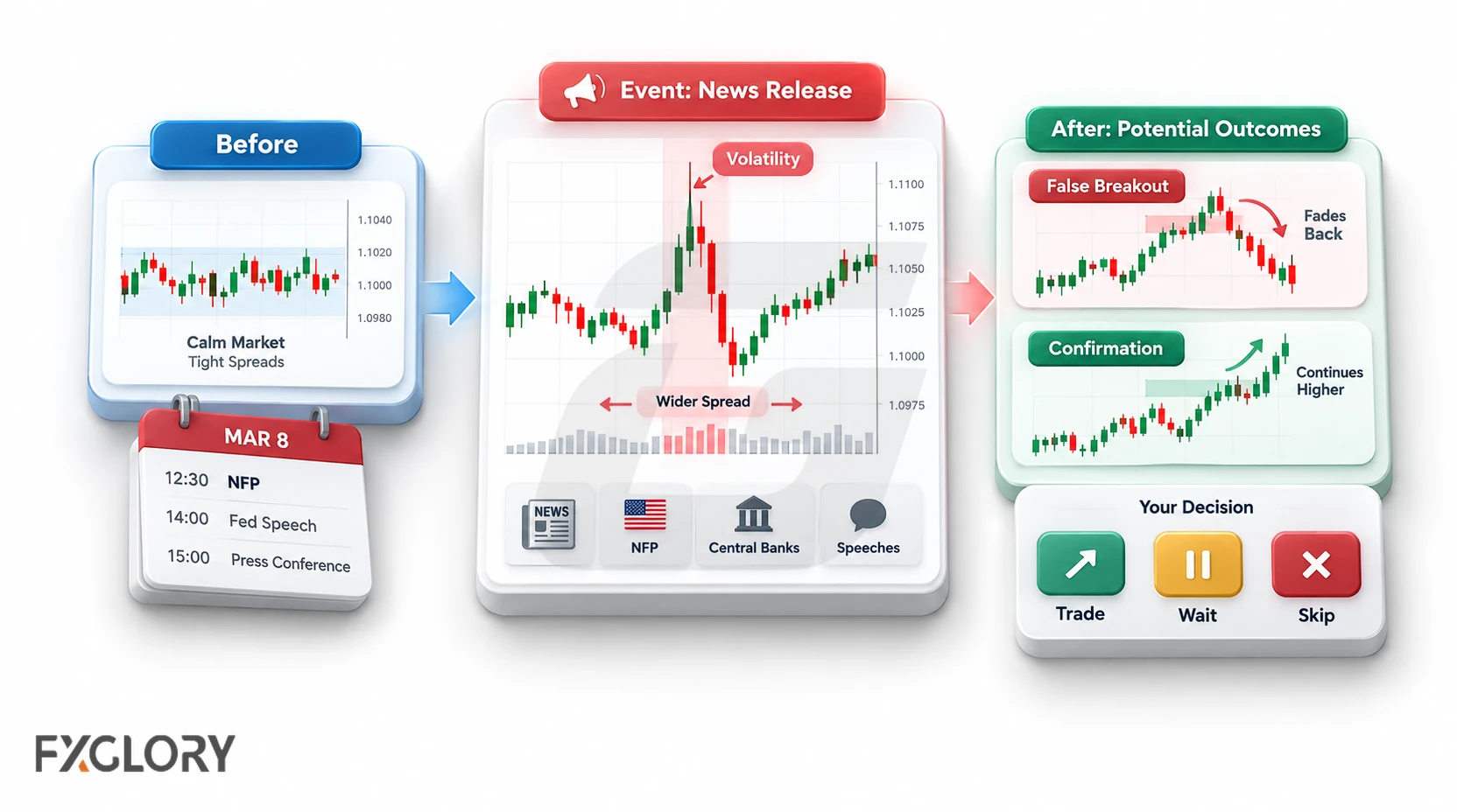 News-trading workflow showing a calm pre-release market, a volatility spike with wider spreads, and false-breakout or confirmation outcomes after the event.
