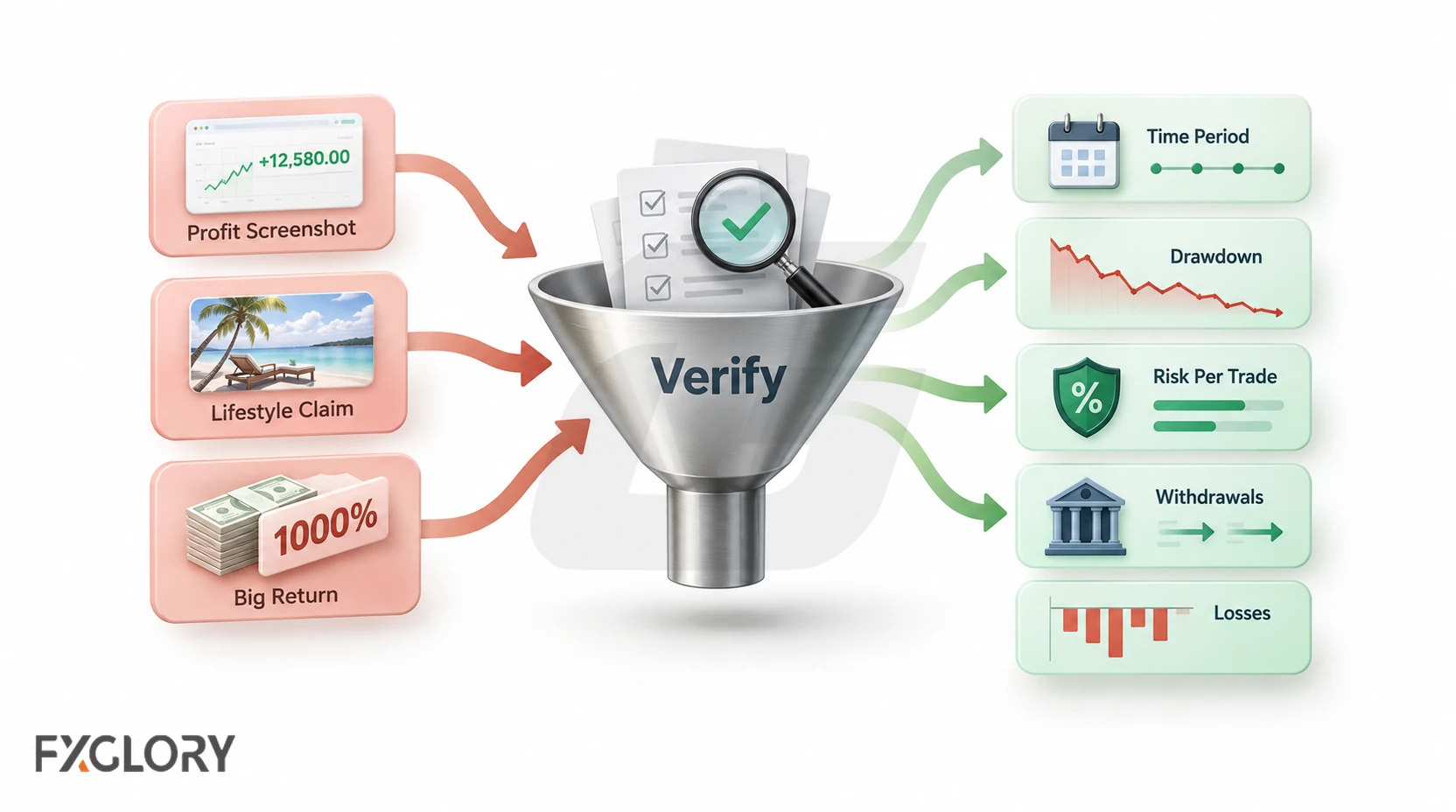 Verification filter separating profit screenshots, lifestyle claims, and large-return claims from time period, drawdown, risk per trade, withdrawals, and losses.