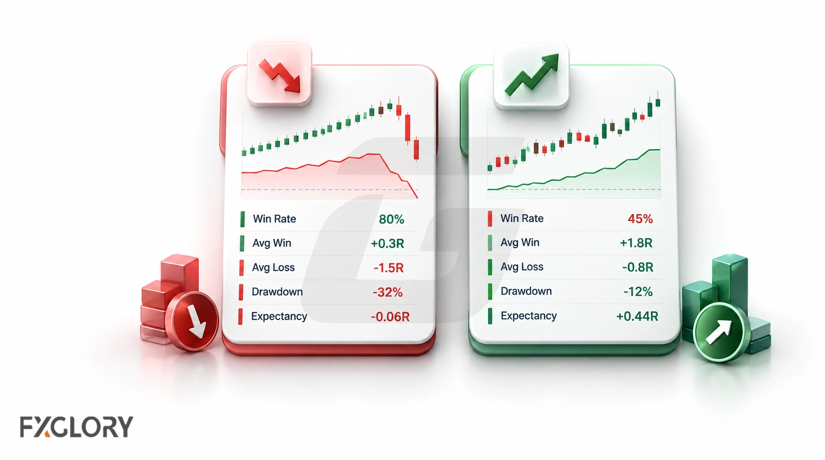 Side-by-side strategy comparison showing a high win rate with poor expectancy and deep drawdown versus a lower win rate with stronger average wins and positive expectancy.