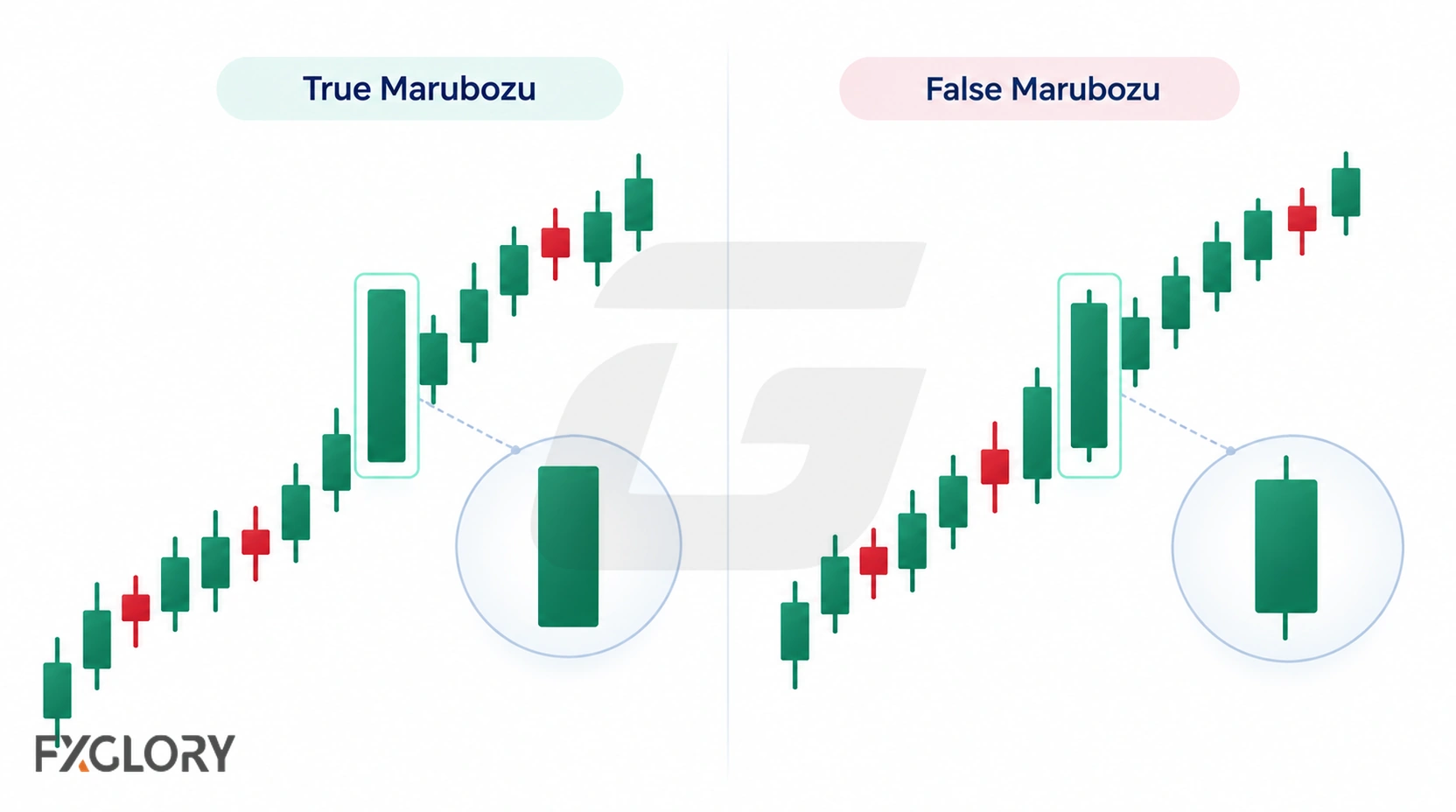 A true wickless marubozu is compared with a similar candle that has small upper and lower wicks.