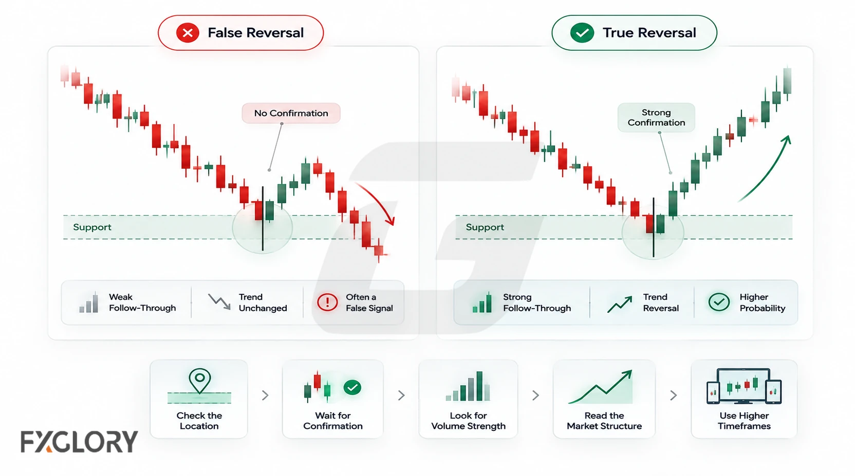 A candlestick chart showing a reversal-looking candle that fails to continue and the importance of confirmation.