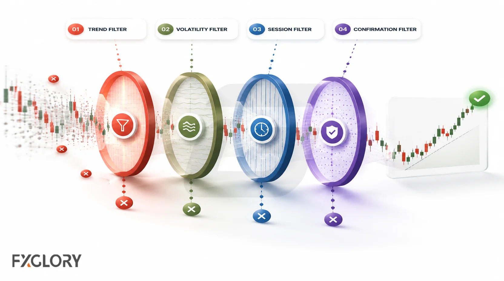 A forex signal filtering illustration showing noisy signals passing through trend, volatility, session, and confirmation filters.