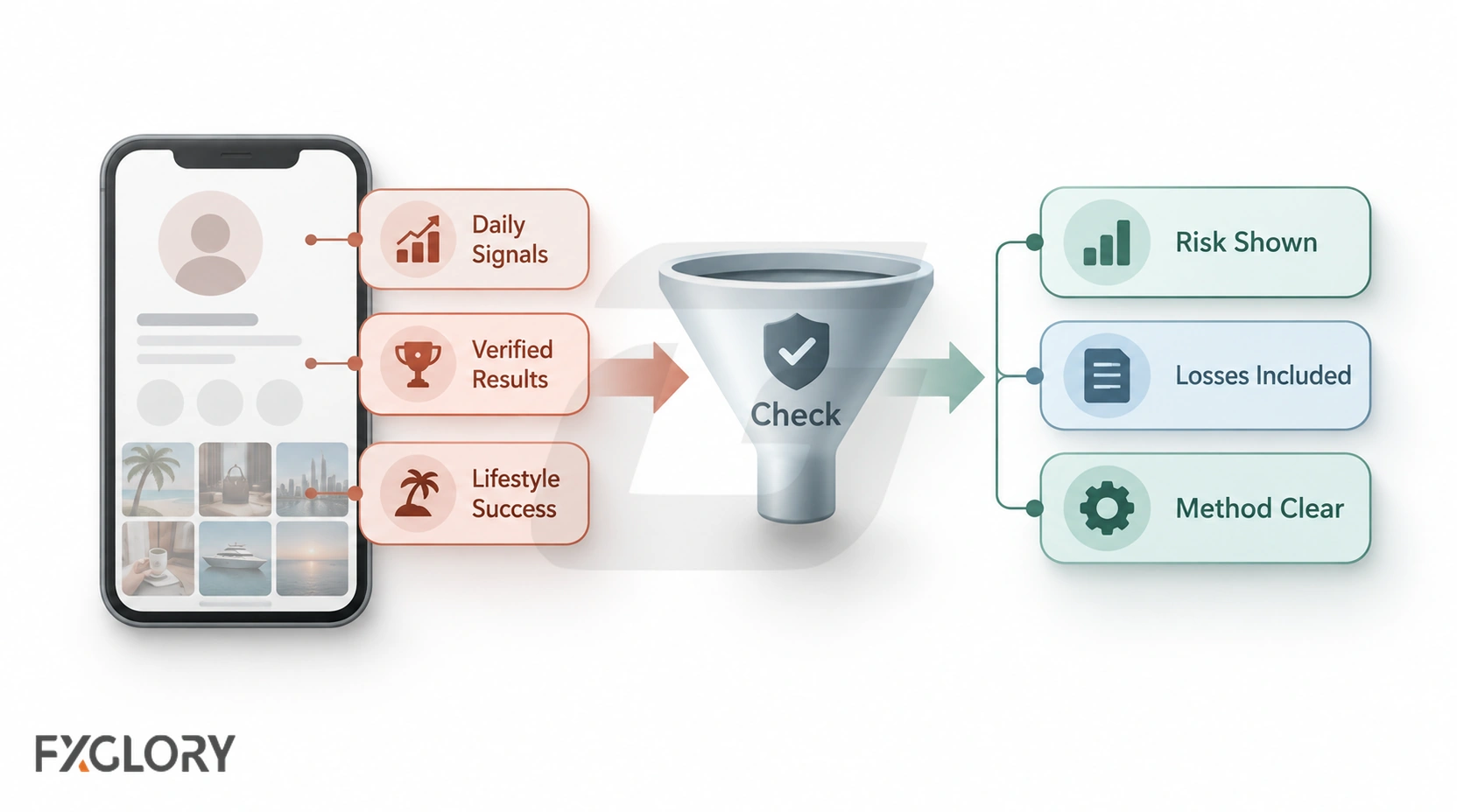 Social-media trading claims passing through a verification filter that checks whether risk, losses, and the trading method are clearly shown.