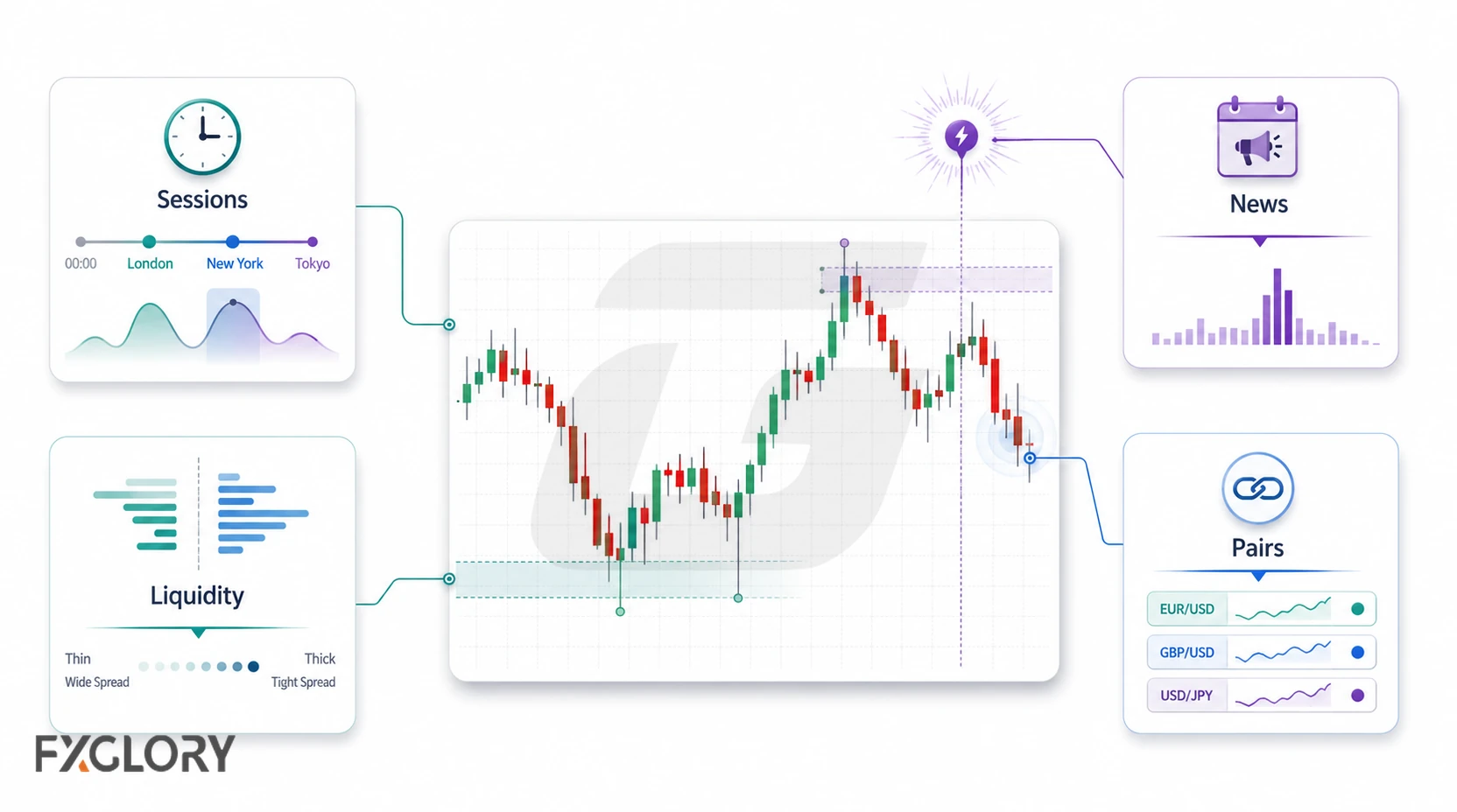 A central forex candlestick chart is surrounded by panels for trading sessions, news activity, liquidity conditions, and different currency pairs.