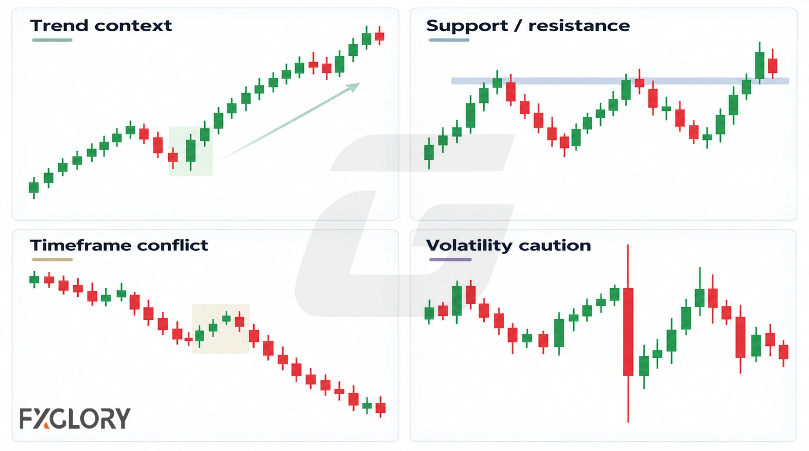 Four-panel chart showing candlestick patterns in trend context, near support or resistance, during timeframe conflict, and under volatility caution.