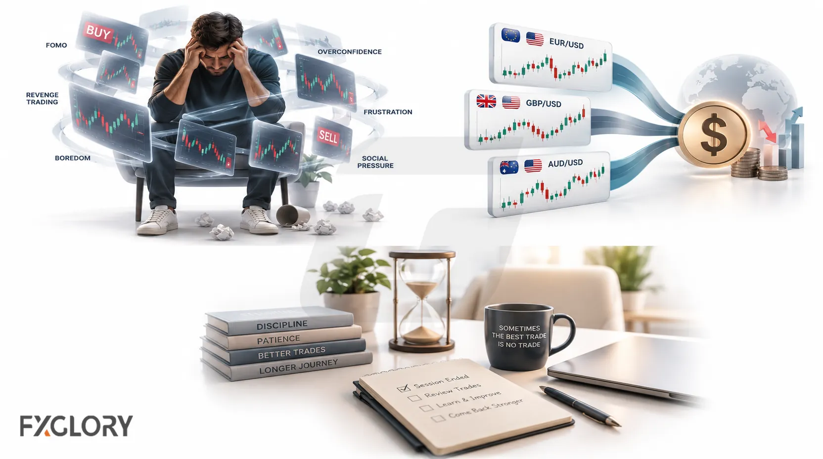 EUR/USD, GBP/USD, and AUD/USD trading panels converging toward a single dollar symbol, illustrating shared USD exposure across several positions.