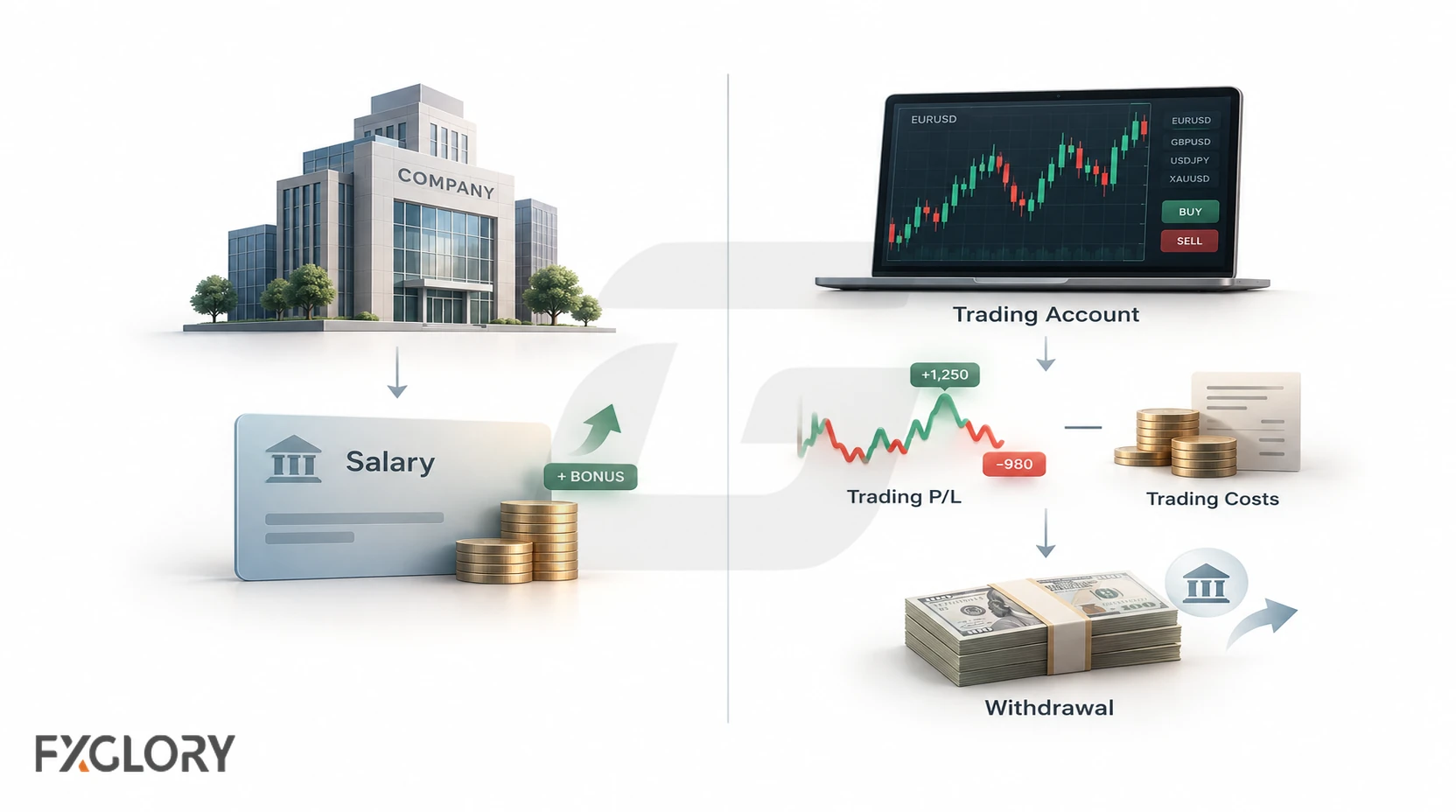 Comparison of employed trader compensation from a company with independent trading income from account profit and withdrawals.