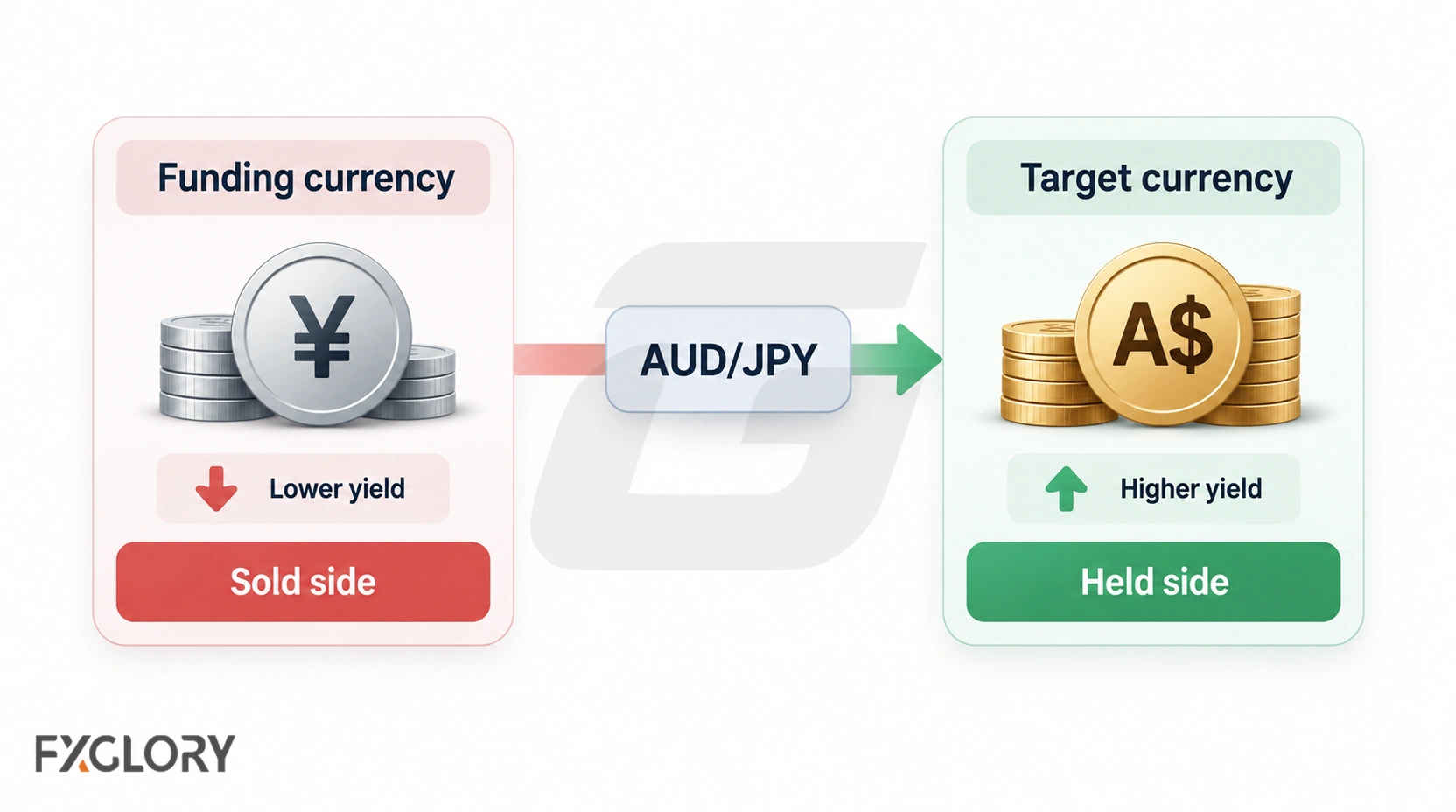AUD/JPY diagram compares the lower-yield funding currency on the sold side with the higher-yield target currency on the held side.