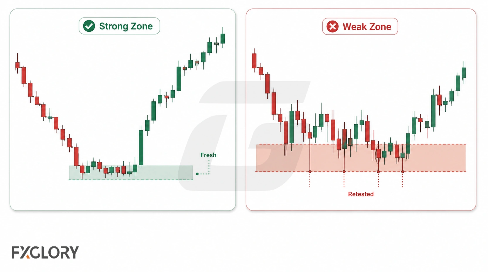 A side by side chart compares a fresh zone with a clean departure against a weaker zone with repeated tests and overlapping price action.
