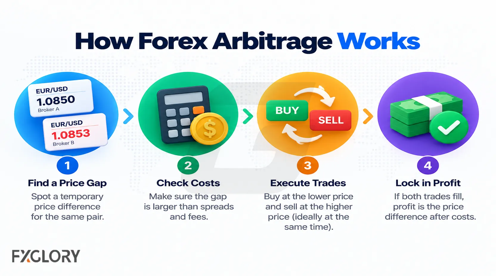 A four-step forex arbitrage workflow showing price comparison, cost checking, simultaneous trade execution, and net profit capture.