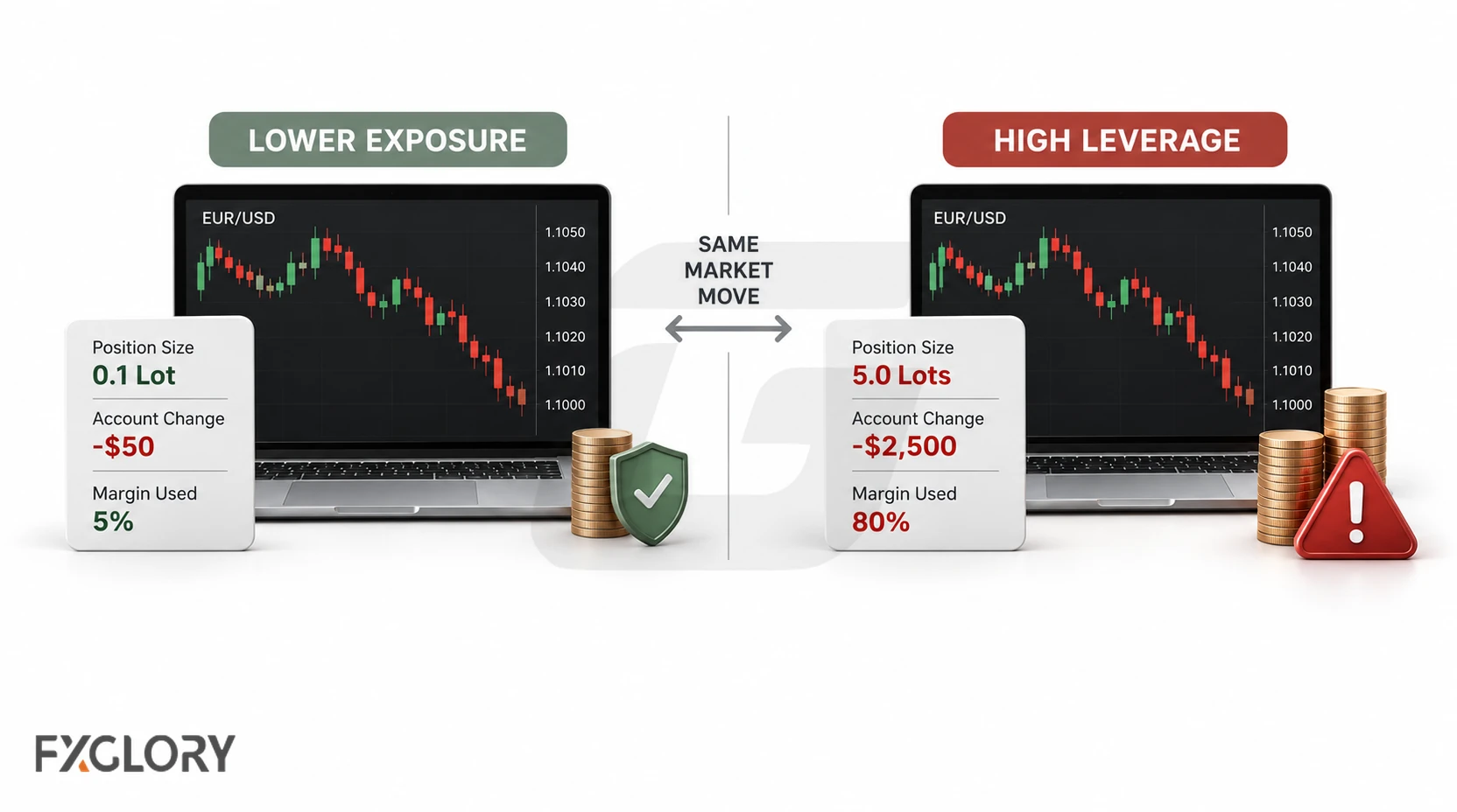 Side-by-side EUR/USD charts showing the same market move under lower exposure and high leverage, with different account losses and margin pressure.