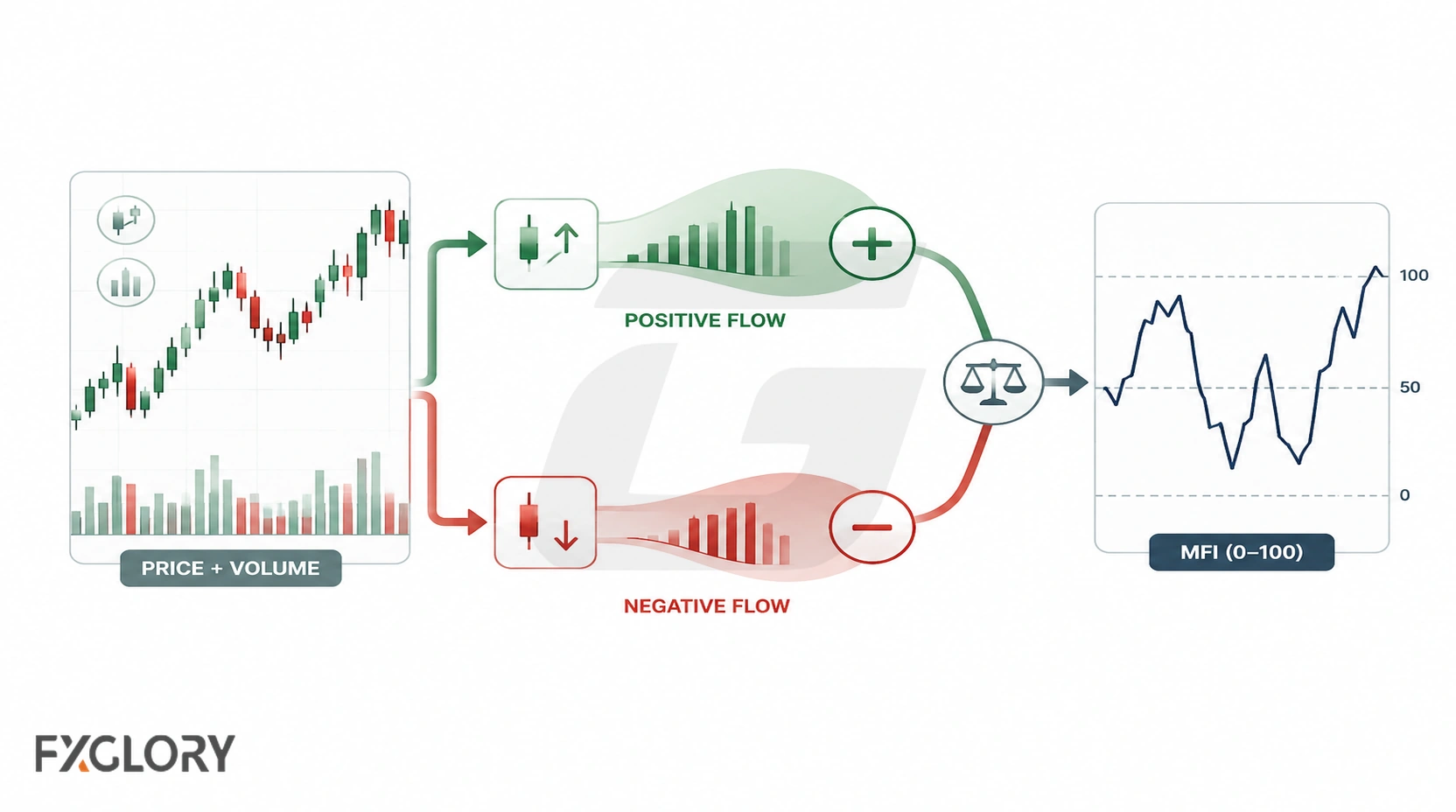 Price and volume feed into positive and negative money-flow streams before being combined into a 0–100 MFI oscillator.