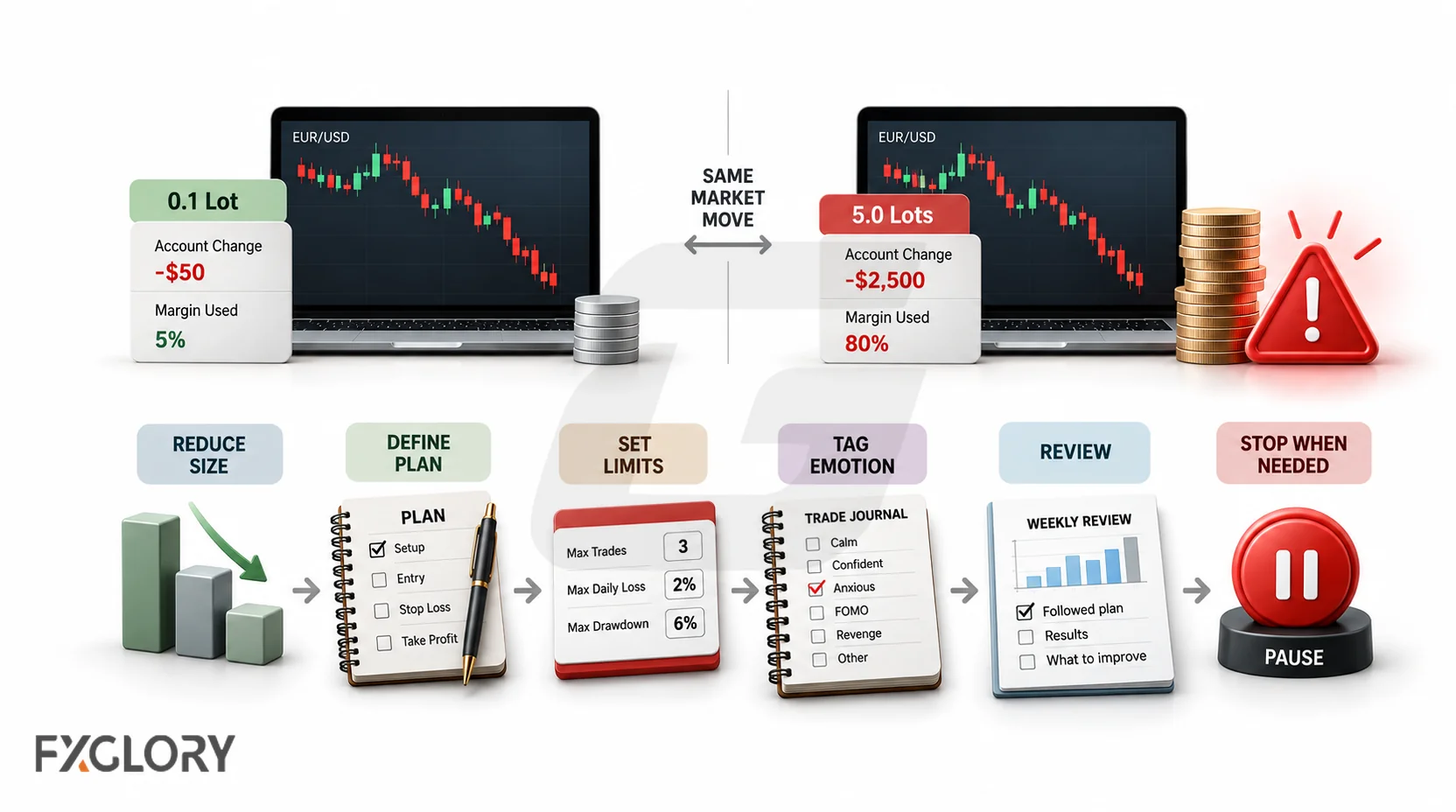 Trading psychology routine showing smaller position size, a written plan, daily limits, emotion tagging, weekly review, and a pause rule.