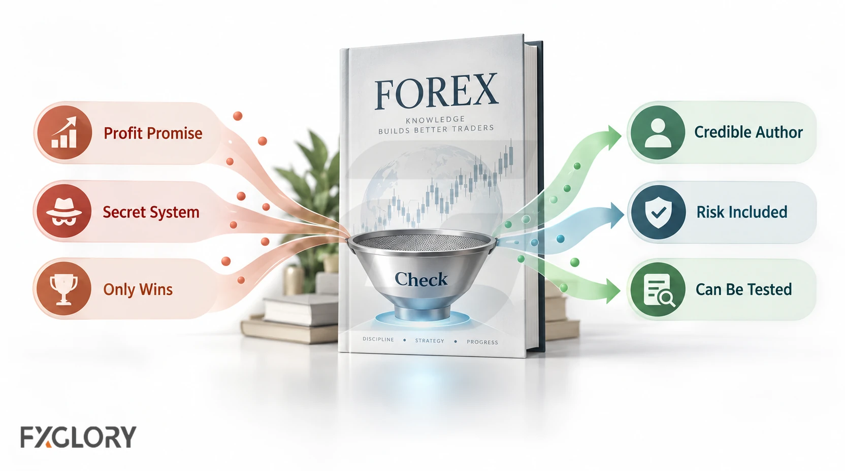 Forex book passing through a quality check that filters out profit promises, secret systems, and only-win claims while keeping credible authorship, risk coverage, and testable ideas.