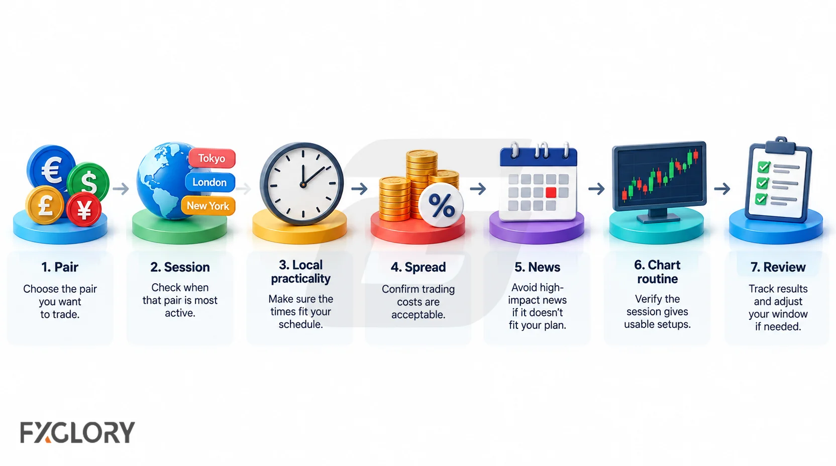 A seven-step workflow moves from pair selection and session activity through local practicality, spreads, news, chart conditions, and performance review.