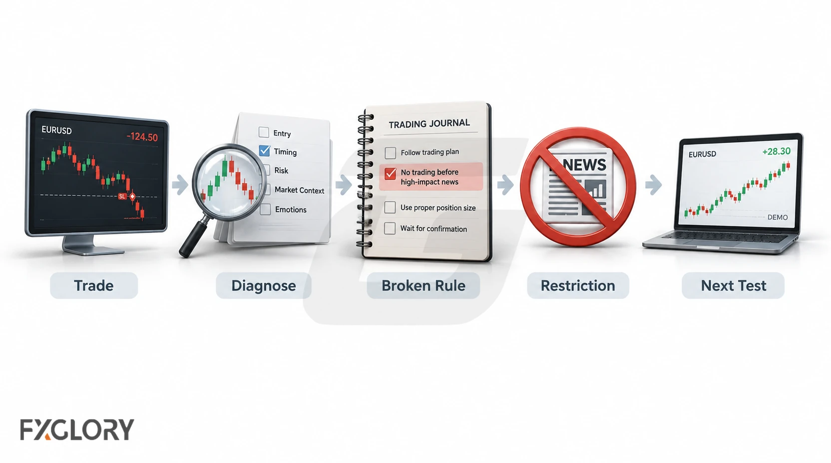 Post-trade review process moving from a losing EUR/USD trade to diagnosis, identification of a broken rule, a trading restriction, and a controlled retest.