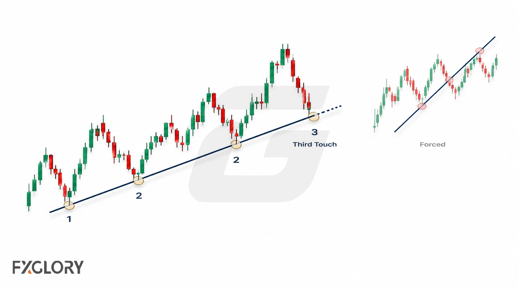 A forex chart connects two meaningful swing lows and extends the trend line toward a third reaction, with a forced line shown for comparison.