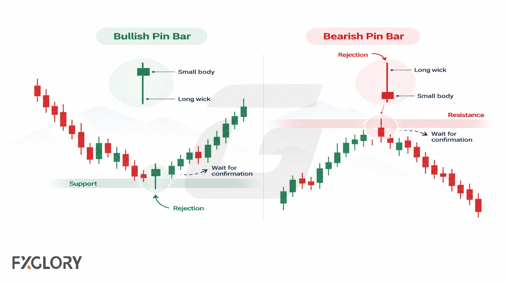 A pin bar reading guide shows the wick, body, market location, rejection area, and price reaction used to interpret the candle.