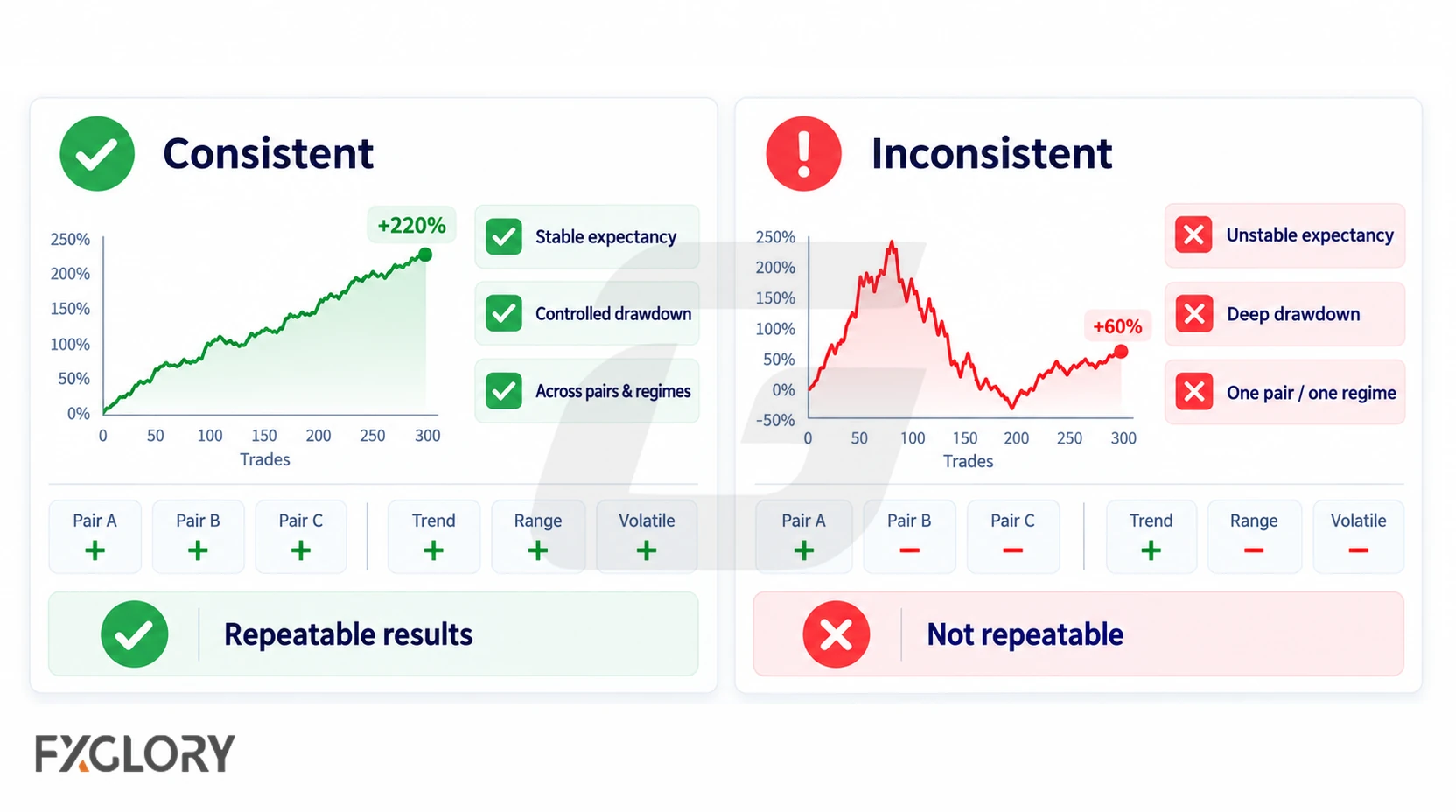 Comparison of stable and unstable strategy performance using equity behavior, drawdown, and results across different market conditions.