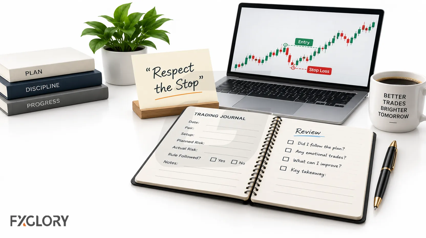 Forex trading journal with planned and actual risk fields, rule-followed checks, and a chart marked with entry and stop-loss levels.