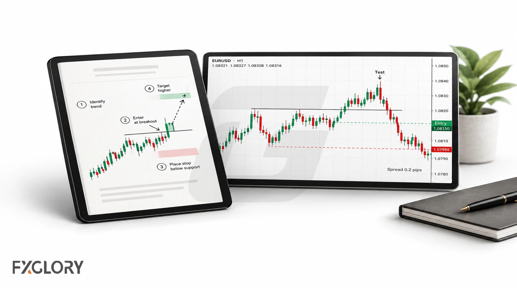 Strategy e-book example beside a live EUR/USD chart showing a tested setup, entry level, spread, and failed follow-through.