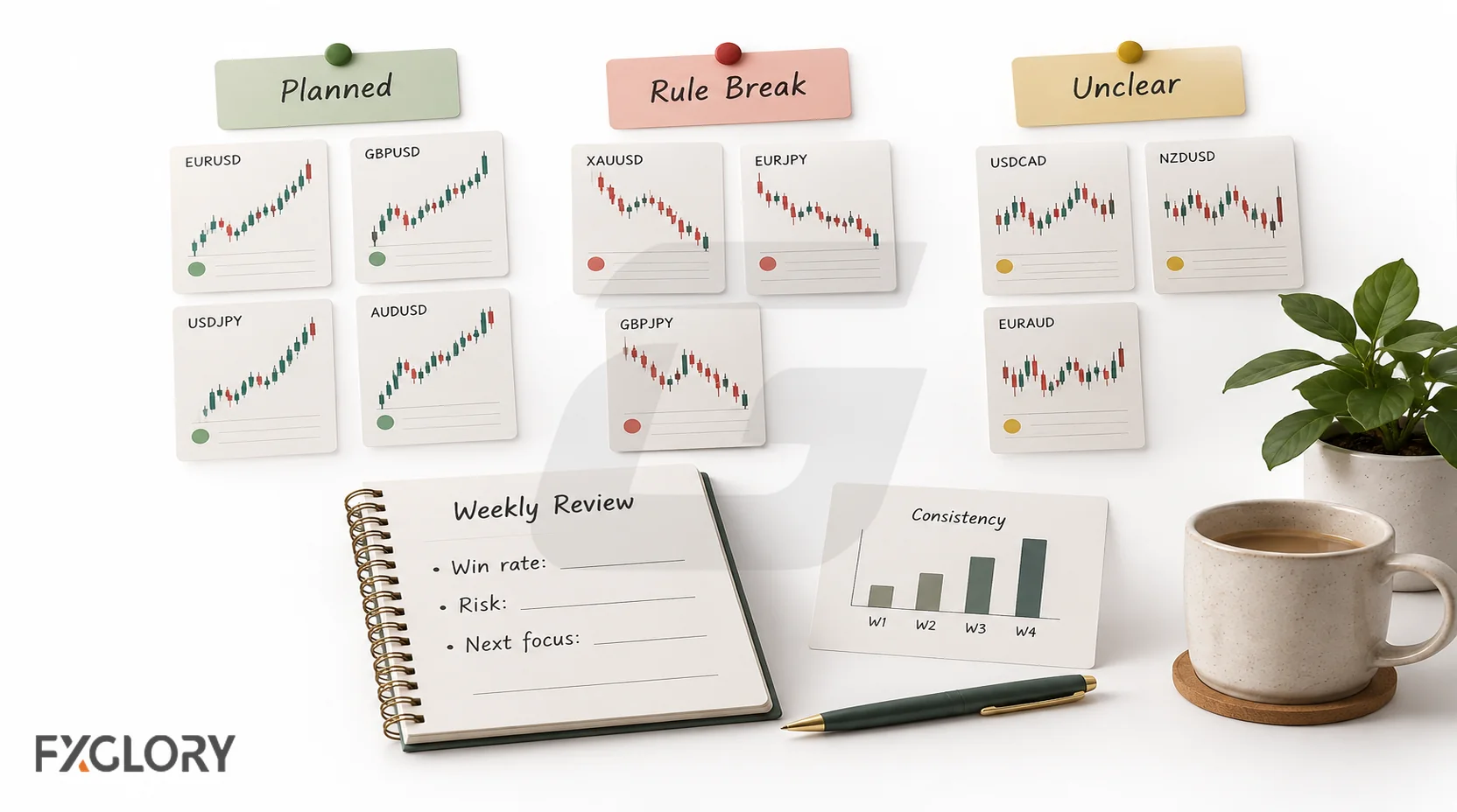 Weekly review board grouping trades into planned, rule break, and unclear categories beside a notebook and a simple consistency chart.