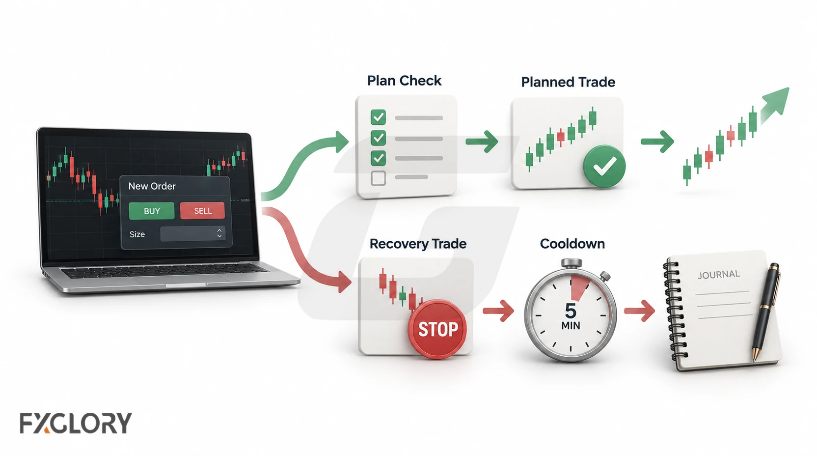 Trade decision flow separating a planned setup from a recovery trade, with the recovery path leading to a stop, cooldown, and journal review.