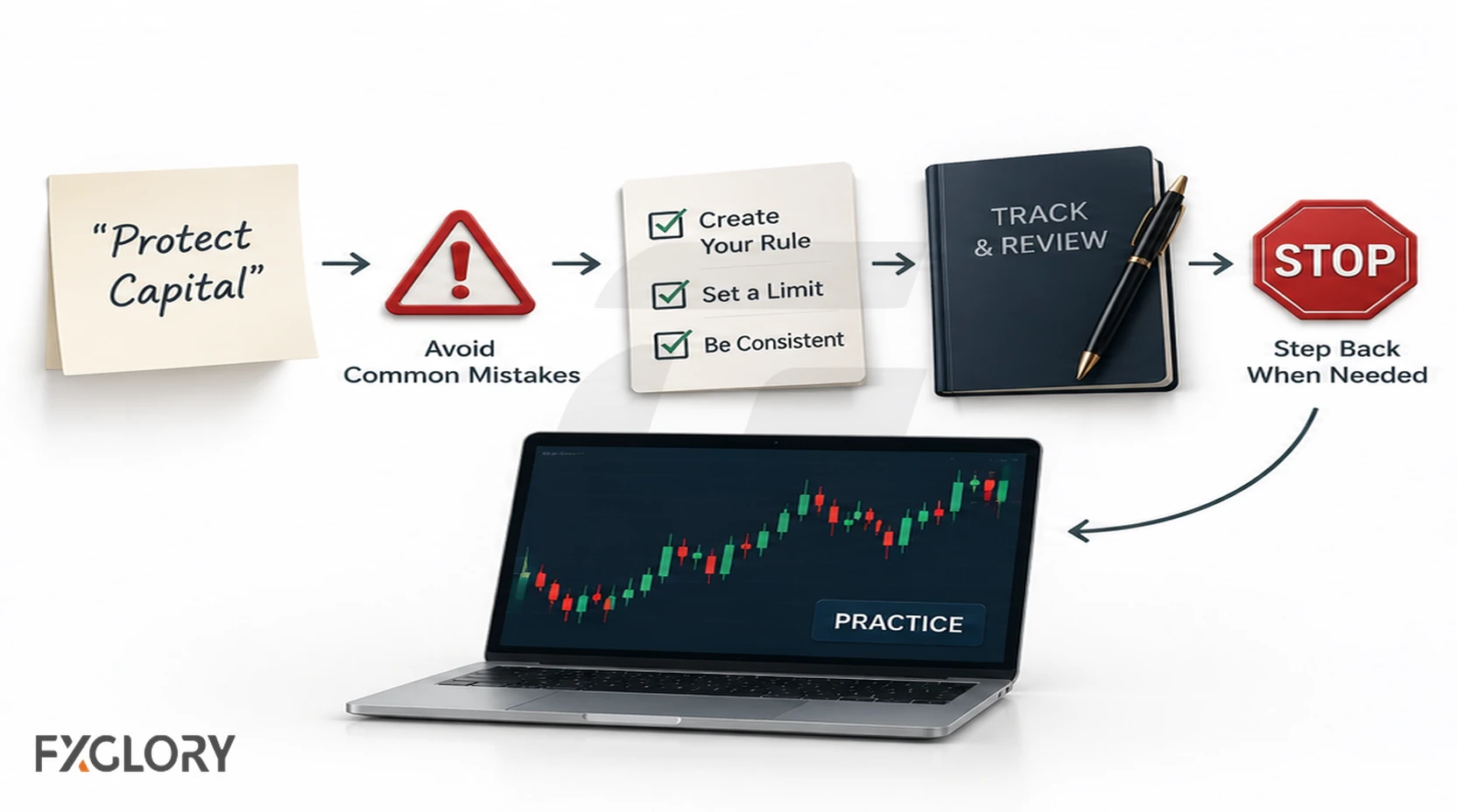 Trading reminder transformed into a risk rule, review step, stop trigger and practice action.