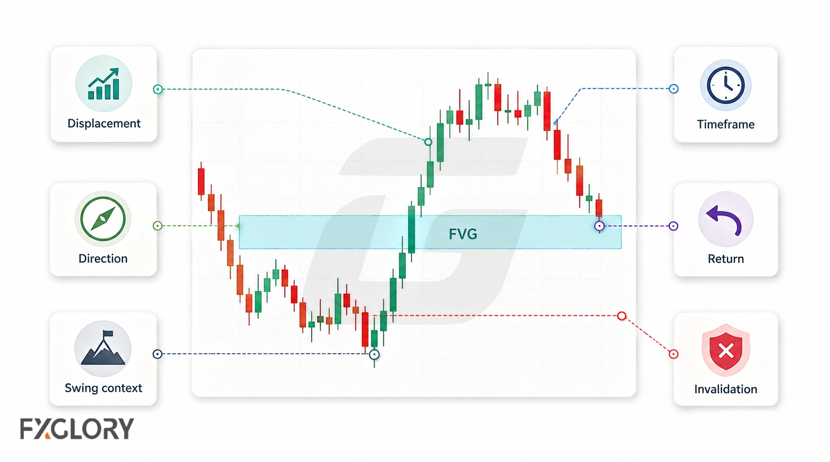 A central FVG chart is surrounded by six review factors: displacement, direction, swing context, timeframe, return, and invalidation.