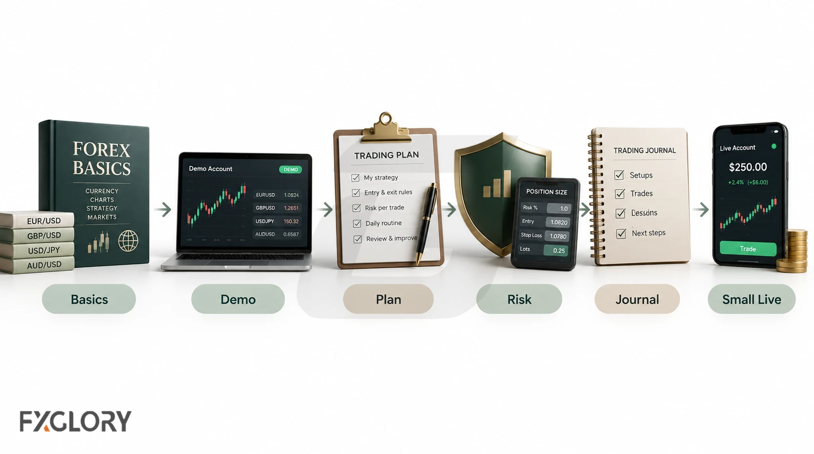 Forex learning path moving from market basics and demo practice to a written plan, risk control, journaling, and a small live account.