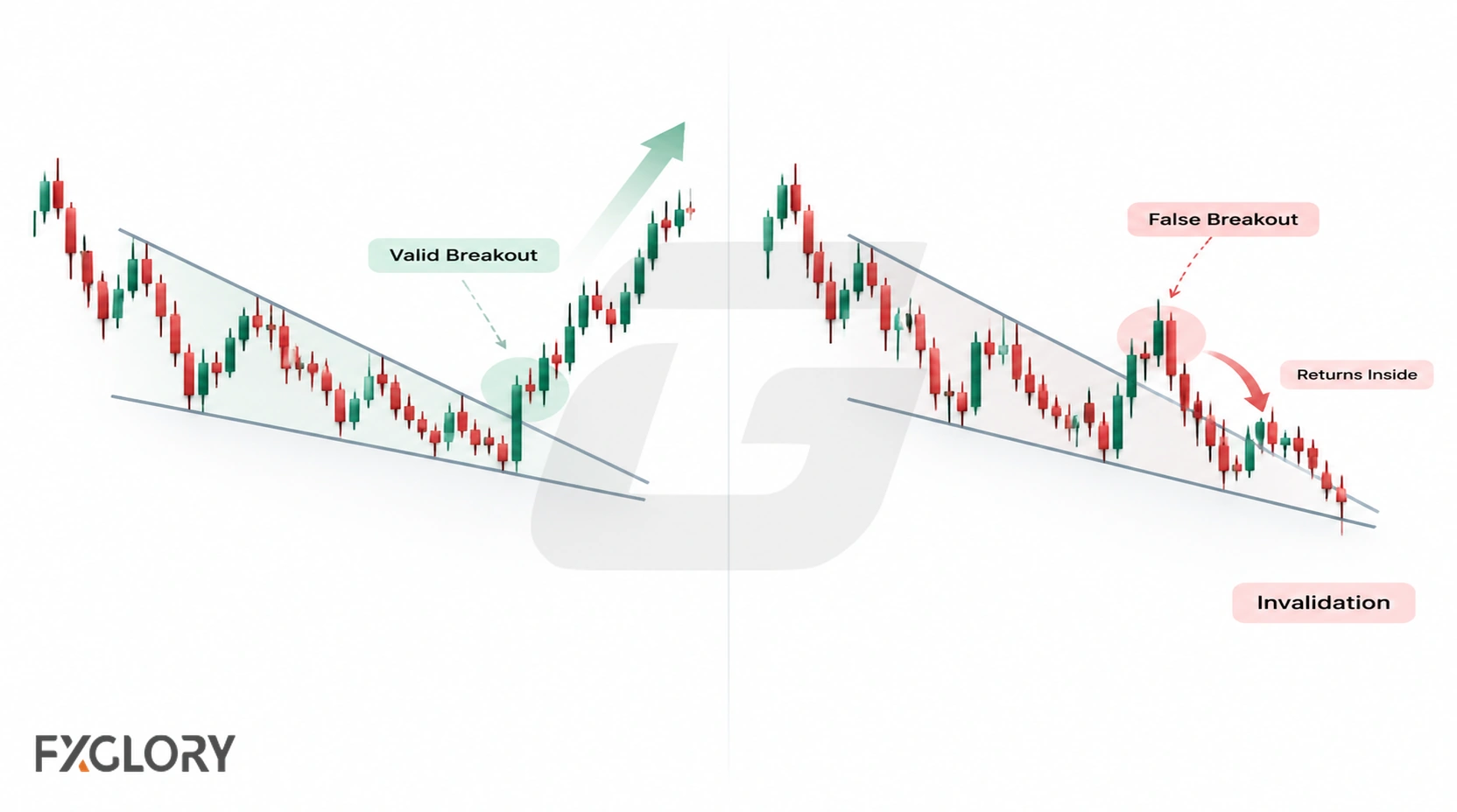 Comparison of a valid wedge breakout and a false breakout returning inside the pattern.