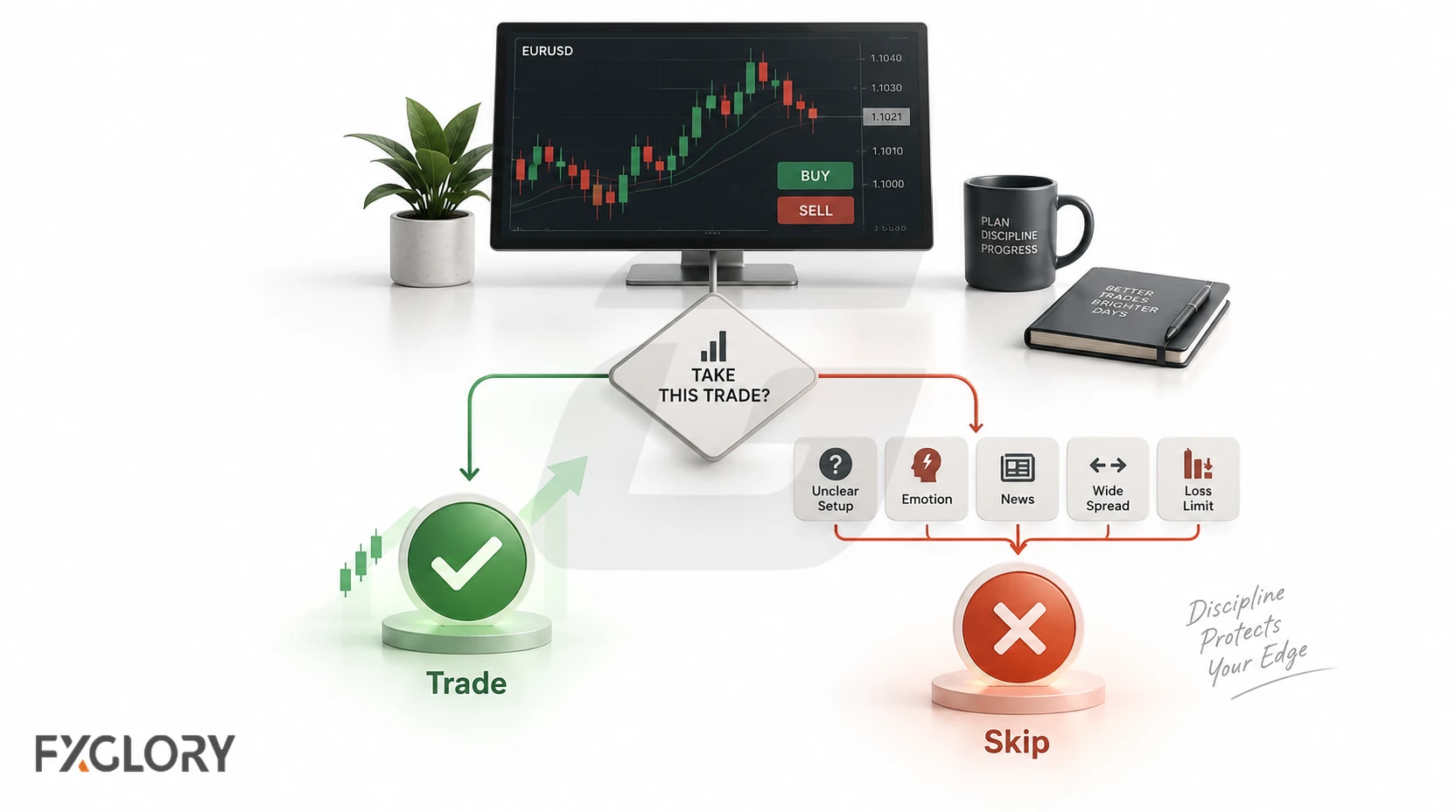 Trade-or-skip decision flow showing unclear setup, emotion, news, wide spread, and loss-limit conditions that can justify staying out of the market.