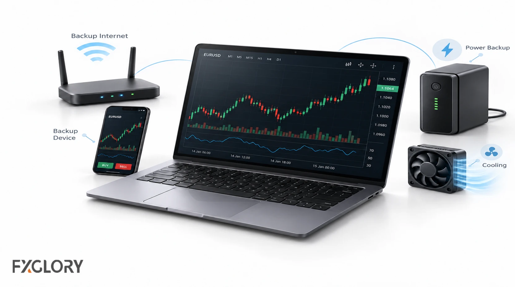 Forex trading laptop shown with backup internet, a secondary device, power backup, and cooling support.