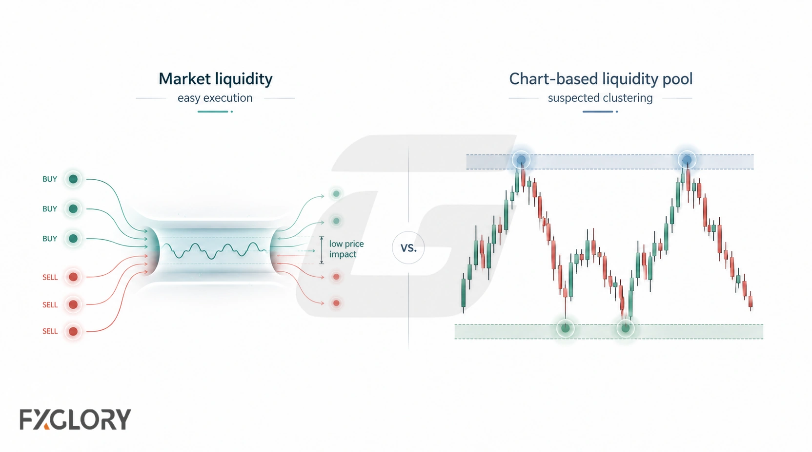 A split comparison shows market liquidity as smooth trade flow with low price impact and a chart-based liquidity pool as a highlighted zone around repeated highs and lows.