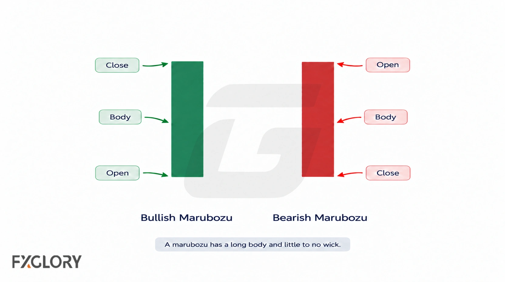 Bullish and bearish marubozu candles show long bodies with the open and close at opposite ends and no visible wicks.