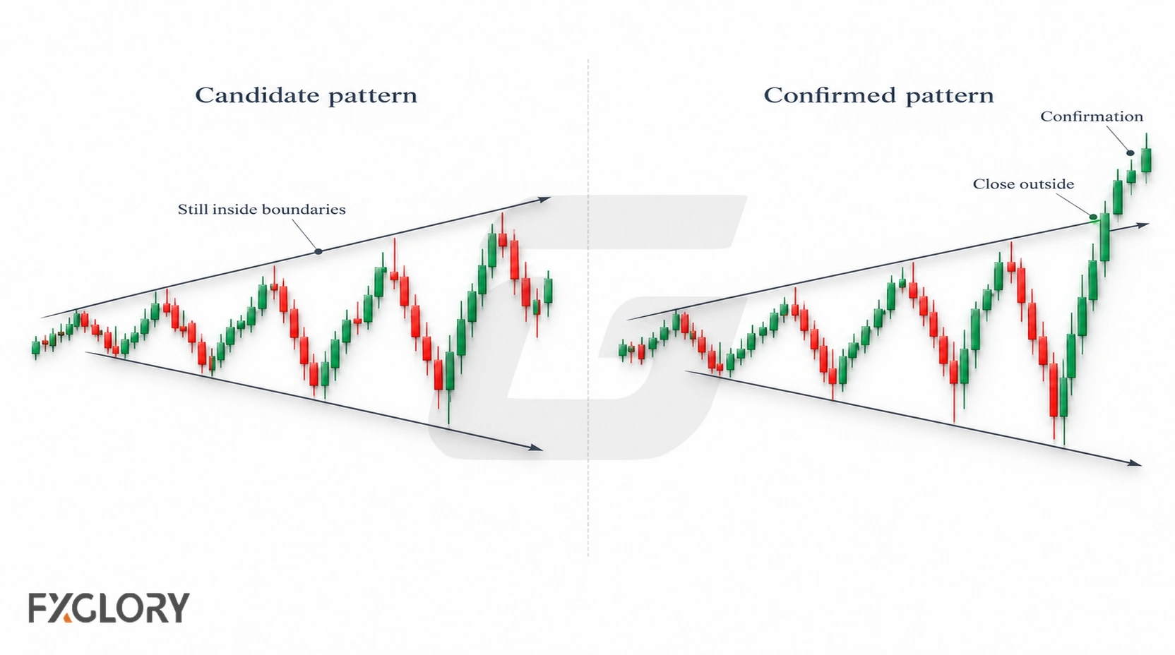 Comparison of a developing megaphone pattern inside boundaries and a confirmed pattern after a breakout.