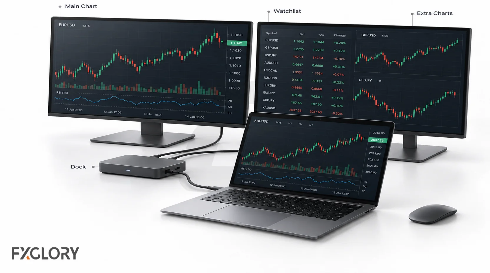 Forex trading laptop connected through a dock to two external monitors showing a main chart, watchlist, and extra charts.
