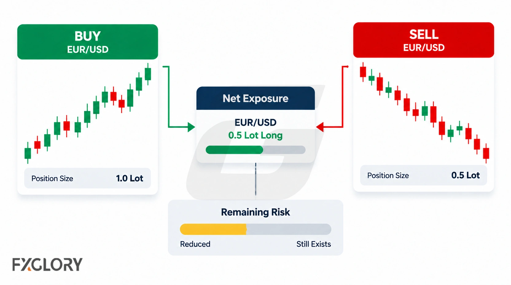 Two opposing EUR/USD positions combining into a remaining net exposure that shows reduced but not eliminated market risk.