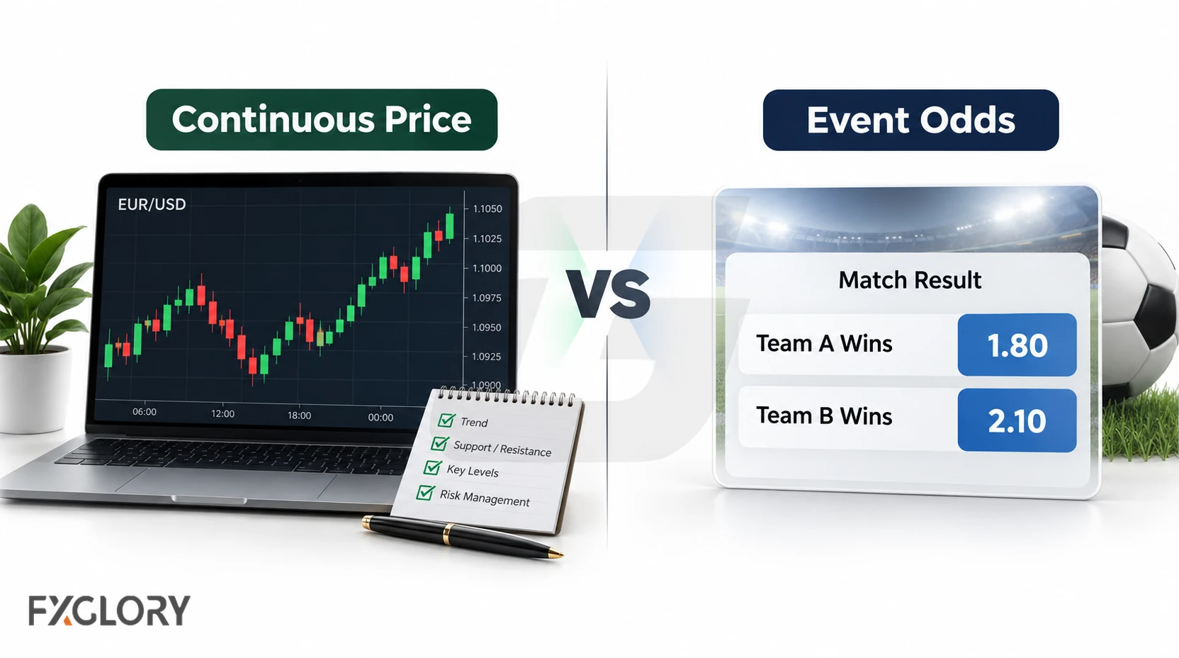 Split comparison showing a live EUR/USD price chart on one side and sports-betting event odds on the other.