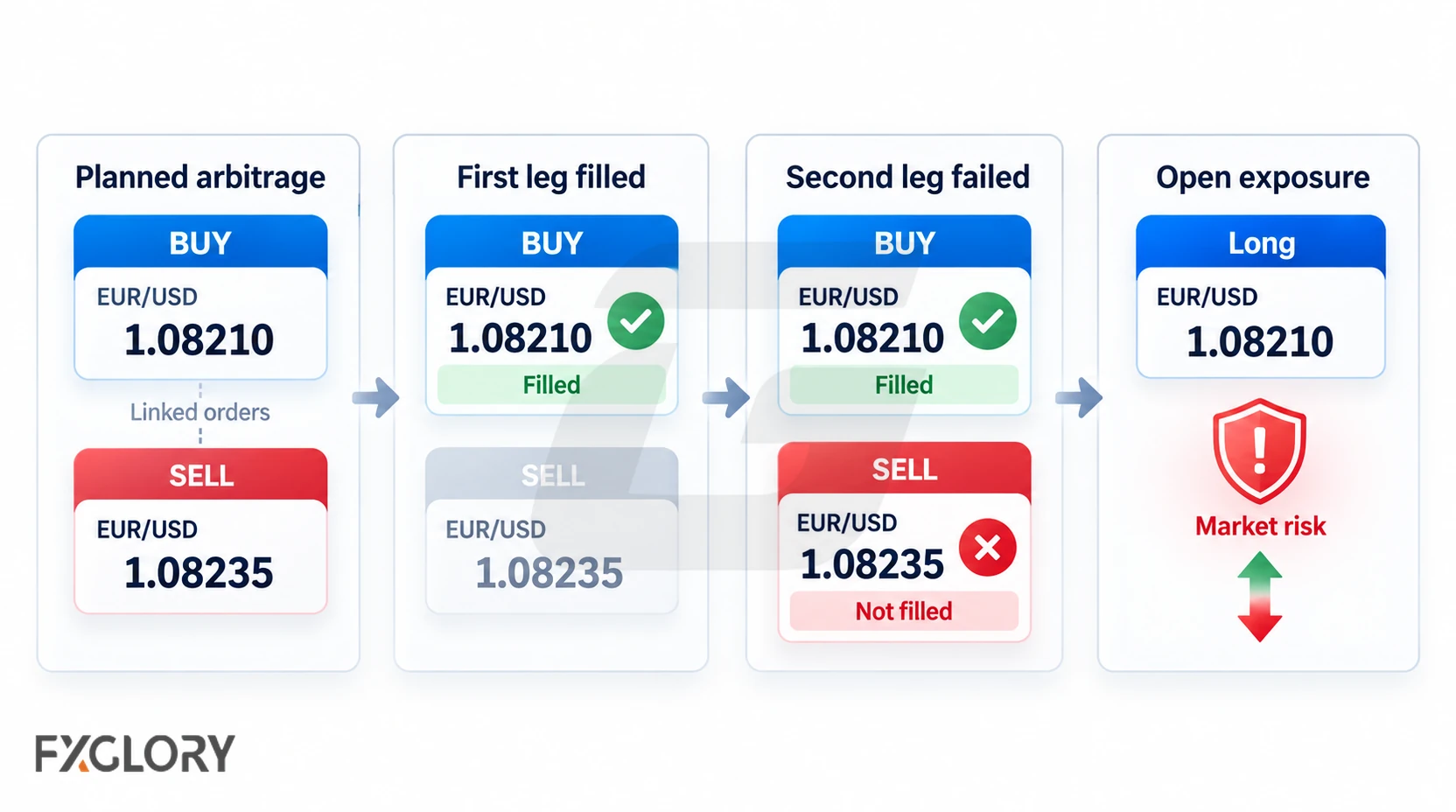 Triangular arbitrage workflow showing a failed trade leg creating unexpected market exposure.