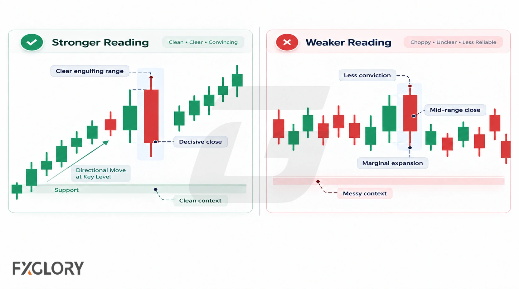 Side-by-side charts compare a stronger outside bar with clear expansion and a decisive close against a weaker setup with marginal expansion and choppy context.
