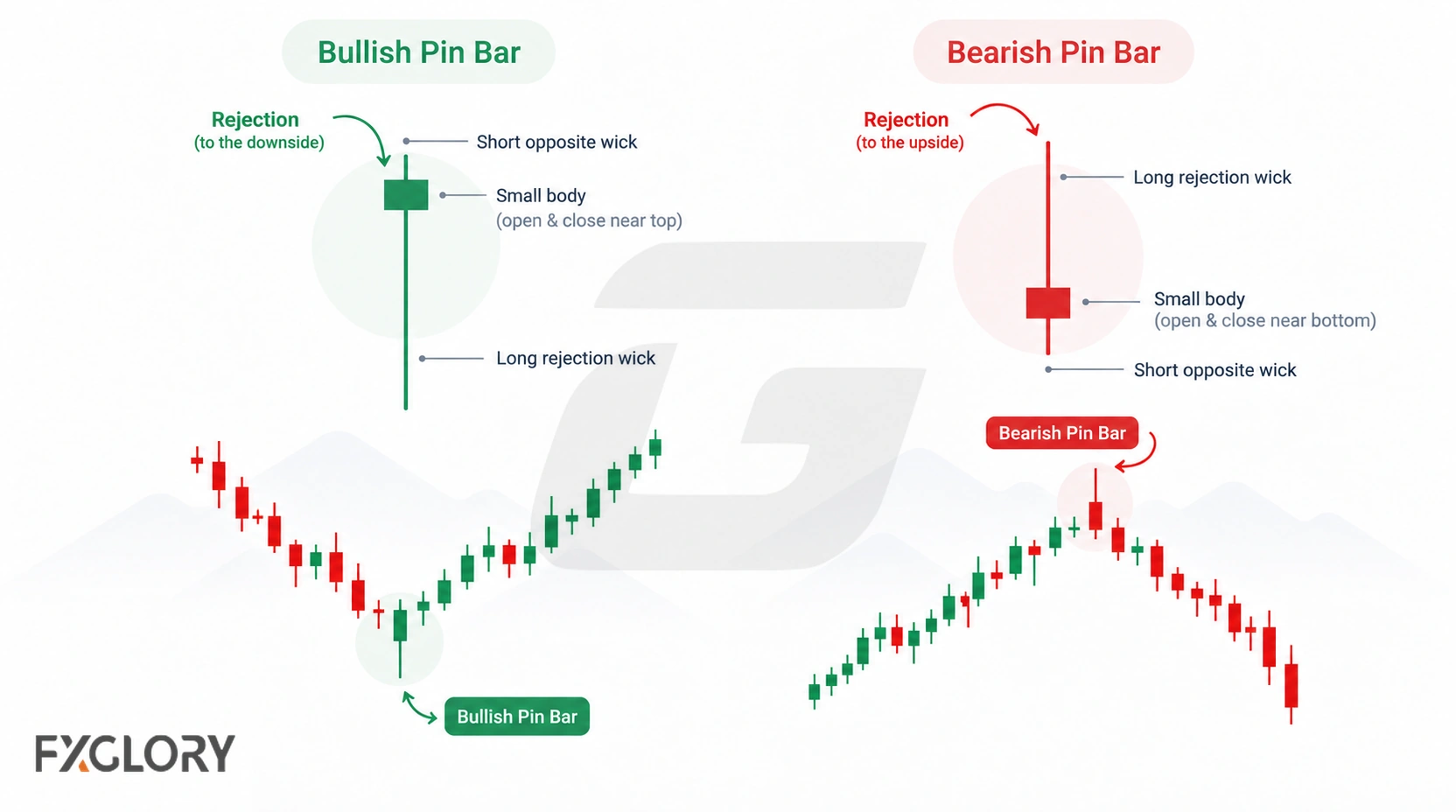 Side-by-side diagrams show bullish and bearish pin bar anatomy, including the long rejection wick, small body, and short opposite wick.
