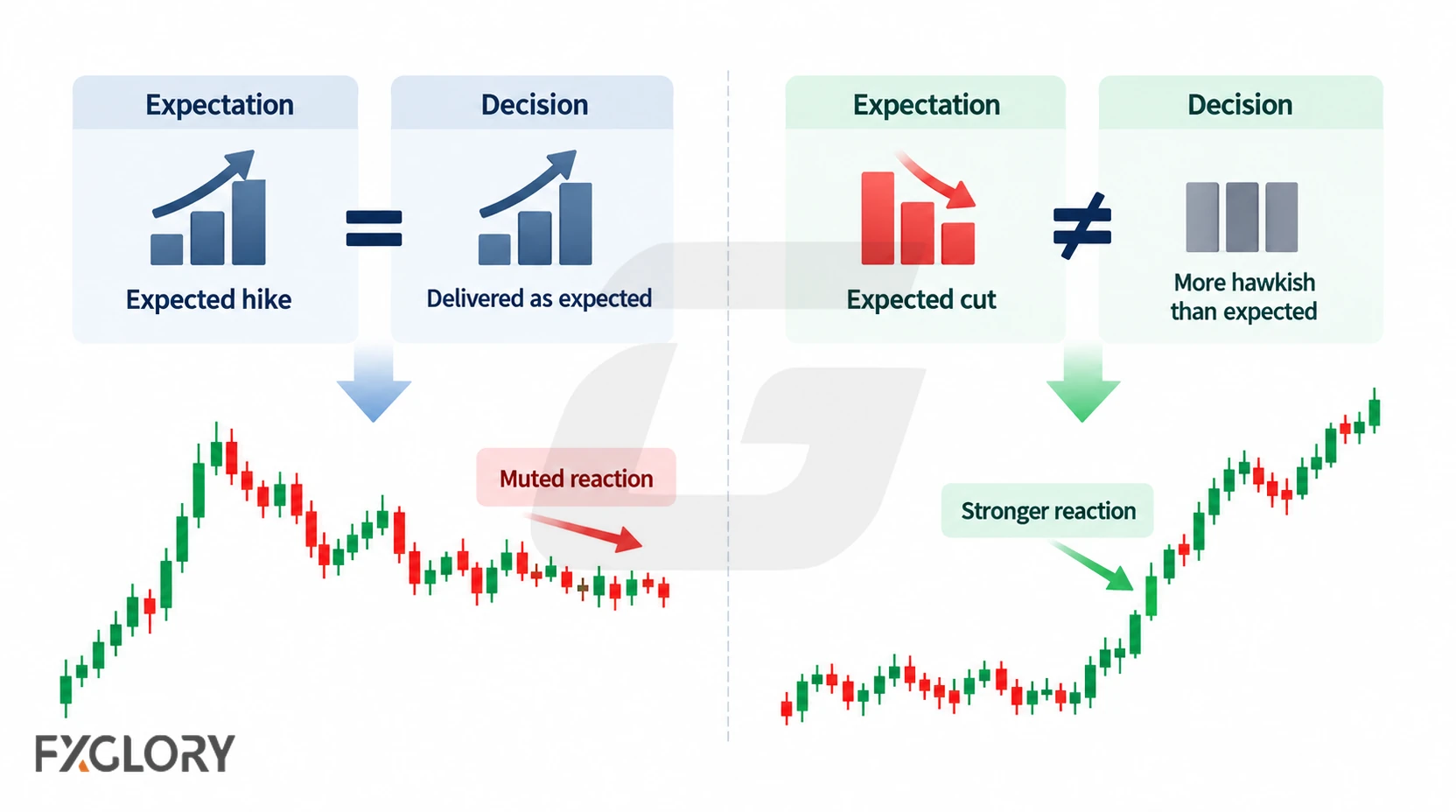 Two side-by-side examples compare an expected policy outcome with a muted market reaction and a surprise outcome with a stronger repricing move.