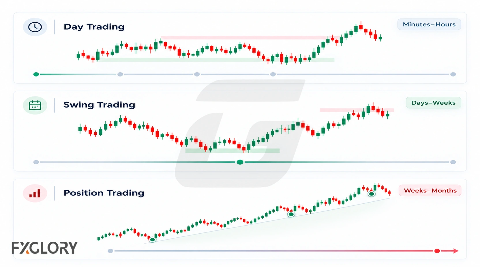 Comparison of day trading, swing trading, and position trading by holding duration and chart movement.