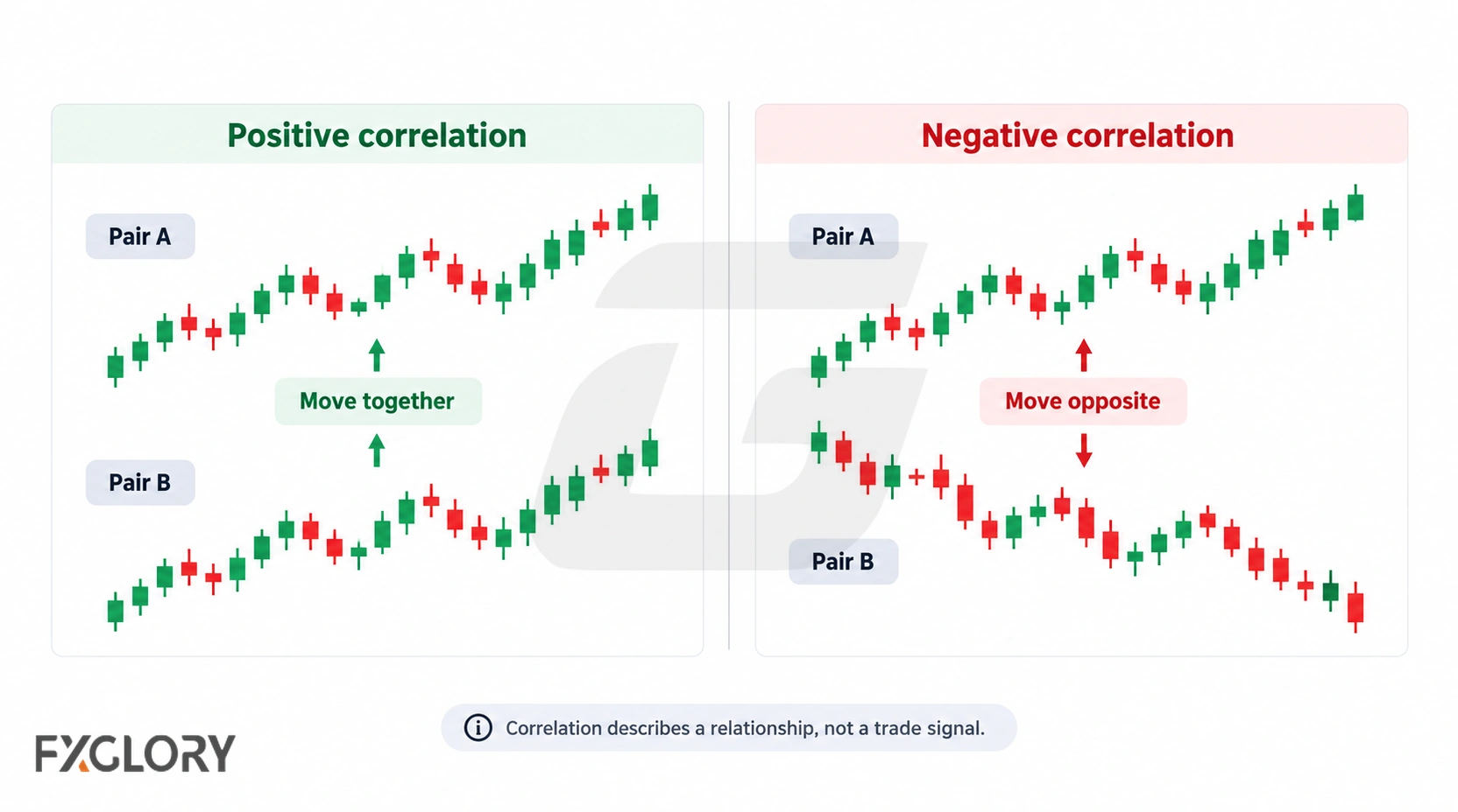 Two forex pair charts compare positive correlation, where both pairs move together, with negative correlation, where the pairs move in opposite directions.
