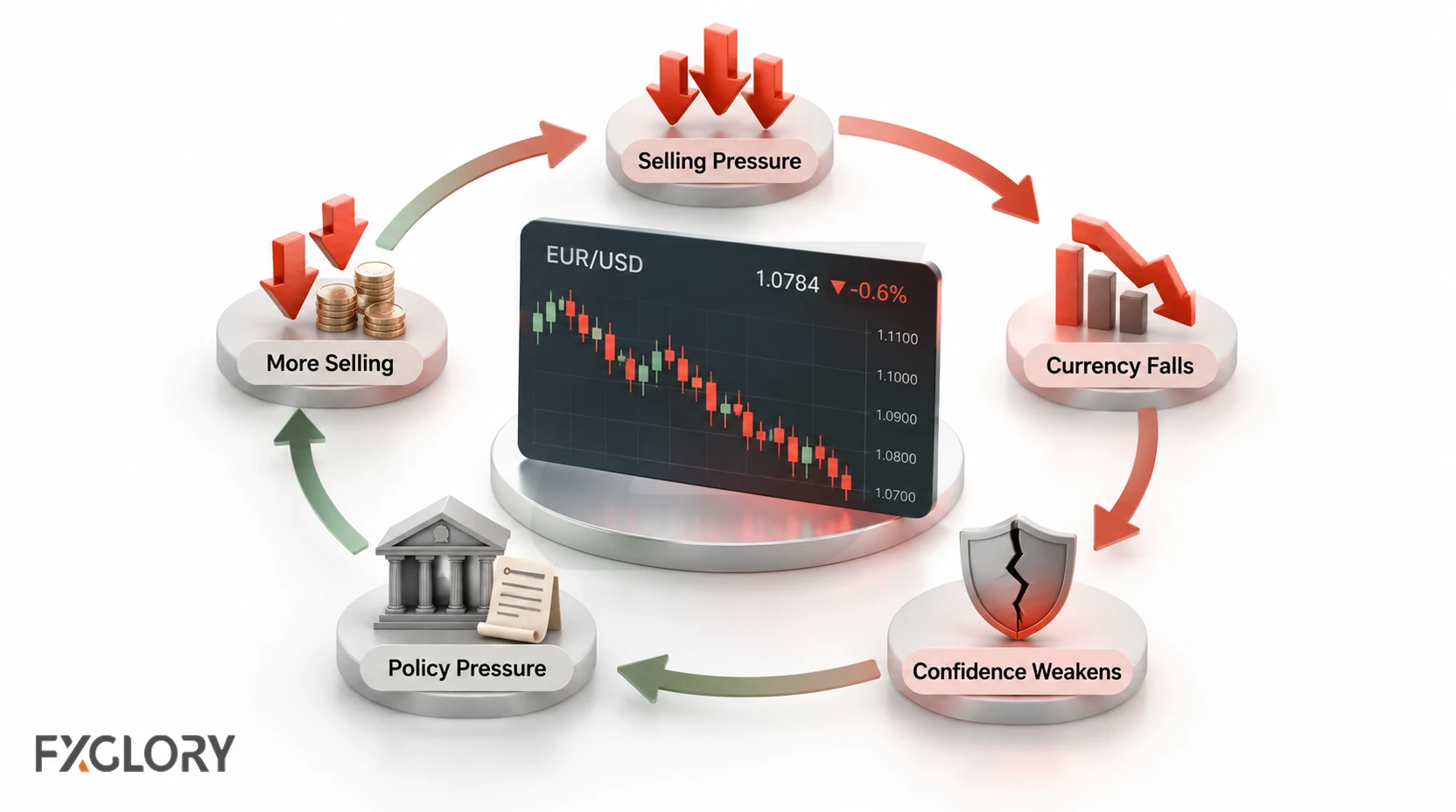Feedback loop showing selling pressure, a falling currency, weaker confidence, policy pressure, and more selling around a declining EUR/USD chart.