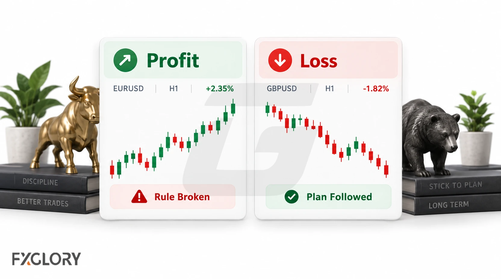 Side-by-side trade review showing a profitable trade that broke the rules and a losing trade that followed the plan.