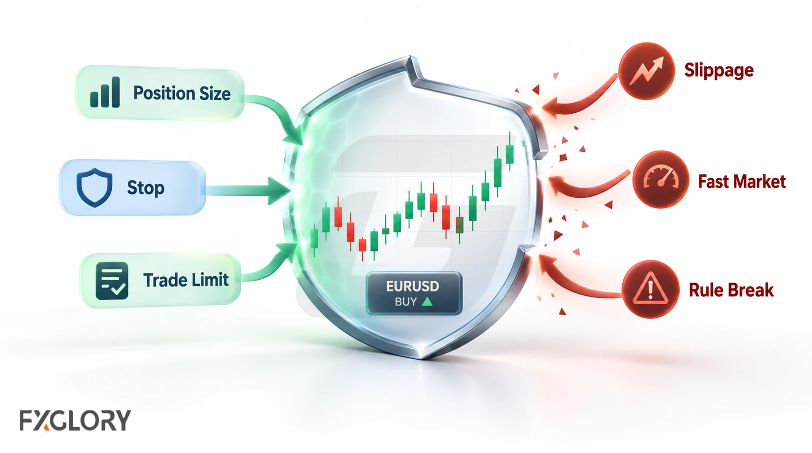 EUR/USD trade protected by position sizing, a stop, and a trade limit, while slippage, fast markets, and rule breaks remain outside the shield.