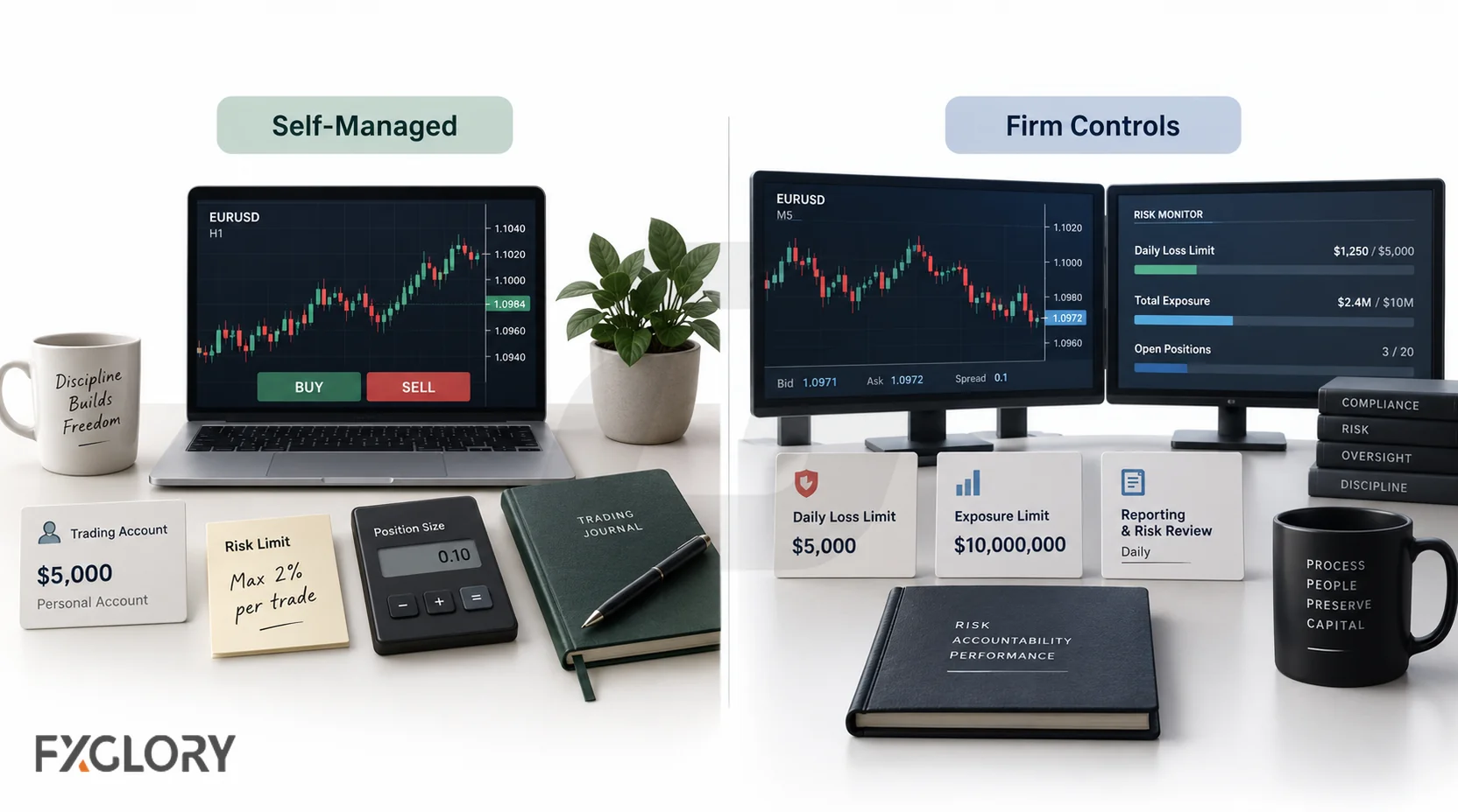 Side-by-side comparison of a self-managed retail trading setup and a professional trading setup with formal risk controls and review.