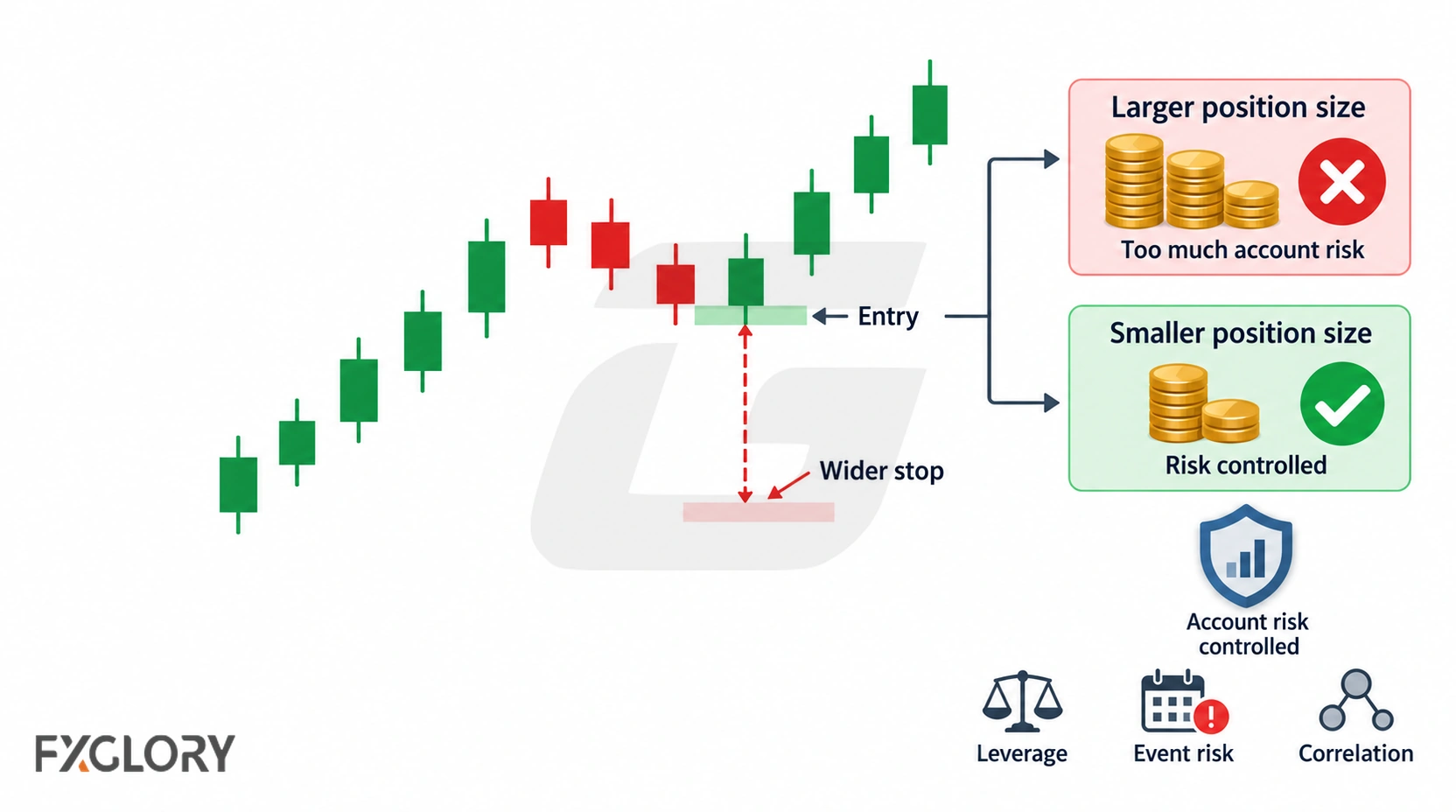 Higher-timeframe trade with a wider stop compared against larger and smaller position sizes to show controlled account risk.